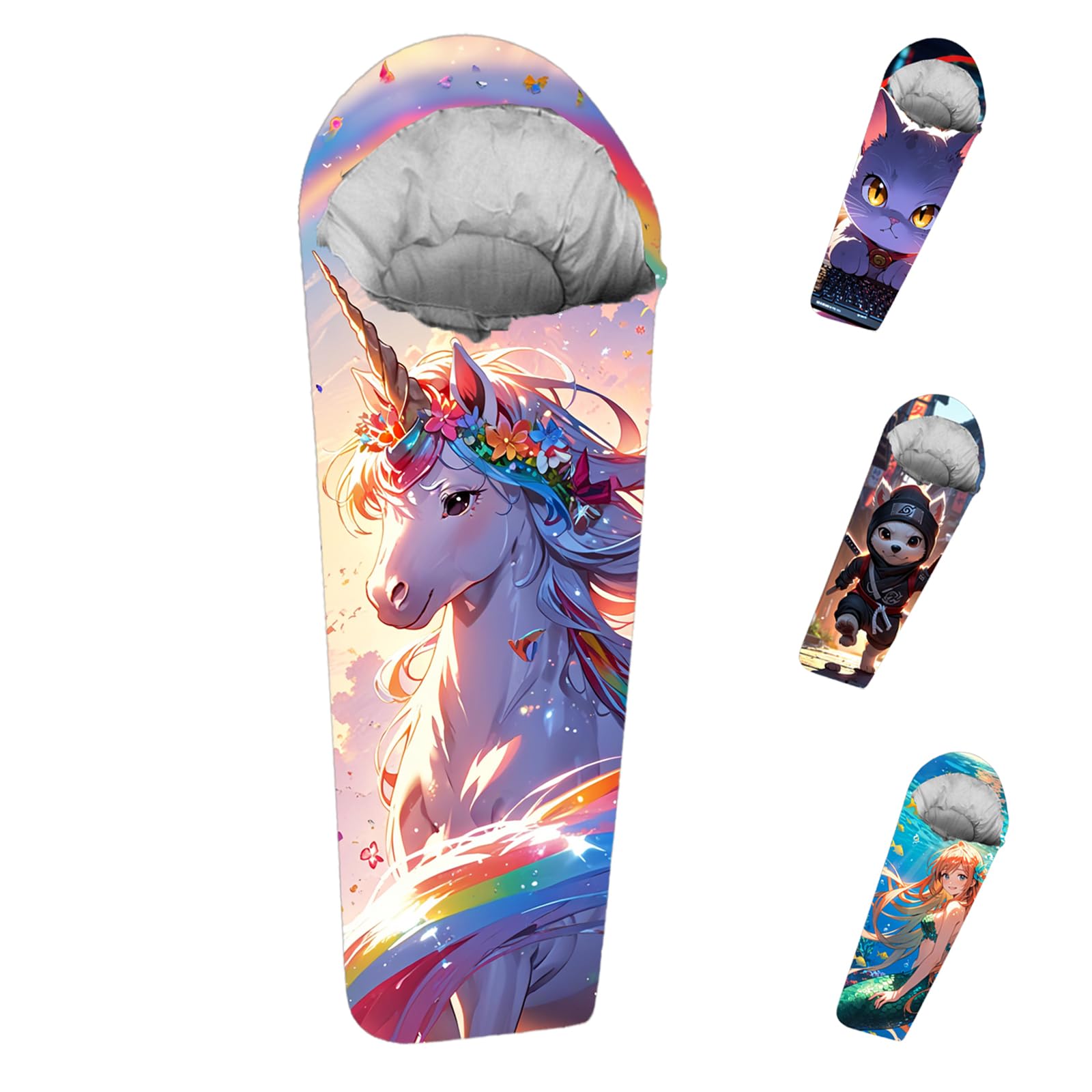 Mummy Style 32 59F Kids Sleeping Bag with Pillow Sleeve Full Scale Digital Printing Unicorn Mermaid Kitty or