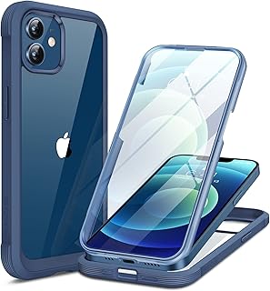 Miracase Glass Case for iPhone 12/ iPhone 12 Pro 6.1 inch, [Built-in 9H Glass Tempered Screen Protector] Shockproof Full-Body Protection Case, Dark Blue
