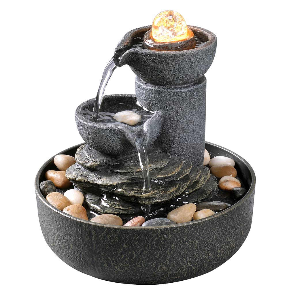 Fuente de la habitación, cascada de agua 2 etapas, meditación, decorativa con LED/adoquines, bolas de vidrio, sonidos relajantes para oficina y hogar (21098)