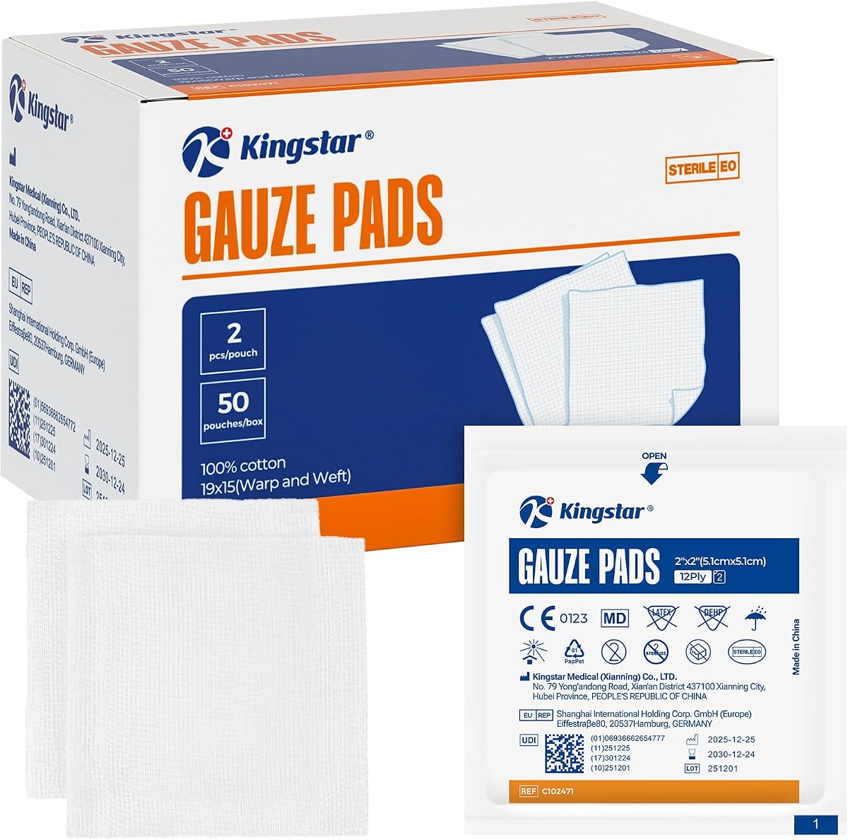 100Pcs Sterile Gauze Pads 2x2 Inch 12-Ply, 100% Cotton 2x2 Gauze Pads, Highly Absorbent Gauze for Wound Care, Hospital-Grade First Aid Dressing