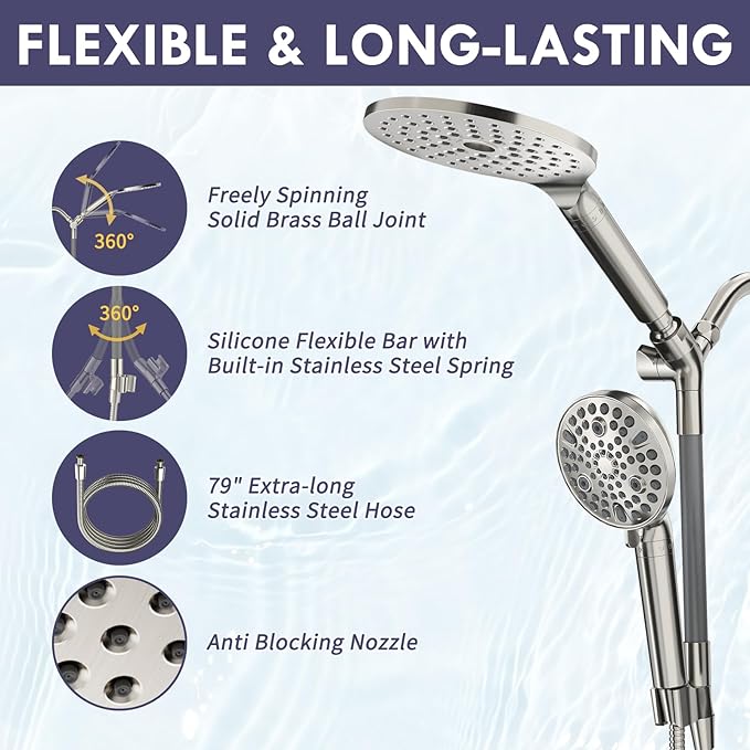 Regadera Dual HOWUWEY con Cabezal de Mano y Filtro, 7.5 pulgadas, Níquel Cepillado miniatura 6