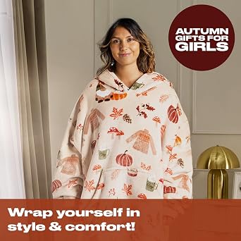 OHS Autumnal Blanket Hoodies, Soft Wearable Hoodies for Halloween Winter Fluffy Sherpa Reverse Halloween Hoodie Blanket - Burnt Orange, Grey