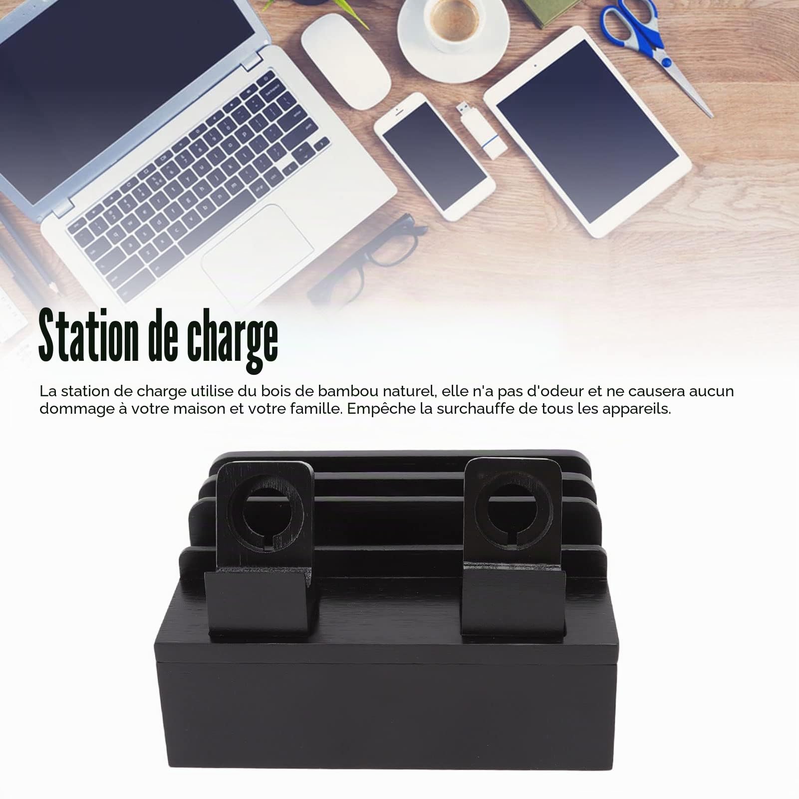TOPINCN Station de Charge 5 Ports Chargeur, Station de Charge en Bambou Support de Station de Charge Multifonction pour Téléphones Tablettes Montres électronique (Le Noir)