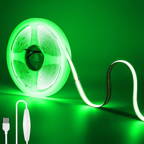 MALIIGAZA Tira de luces LED COB USB de color verde, 6.6 ft, 6.56 pies, 640 LED, regulable, flexible y cortable, 5 V, alimentada por USB, cinta LED