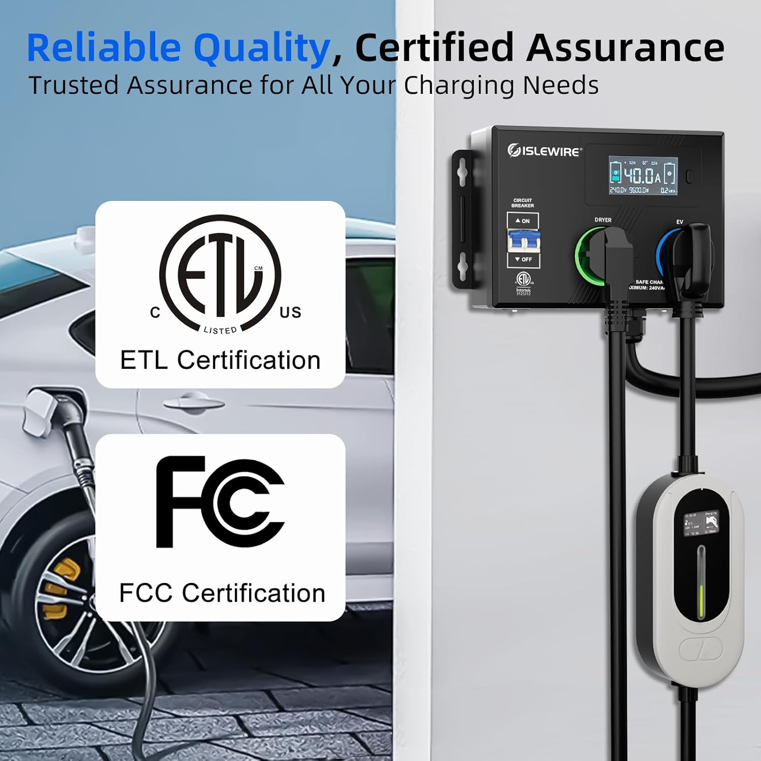 Smart NEMA Socket Splitter 240V for EVs, Auto Power Switch for Level 2 Dual Electric Vehicle (EV) Charging, 3-Color LED Ring, 3.4" LCD Display, No Rewiring Needed, ETL Certified (40 Amp, NEMA 14-50)