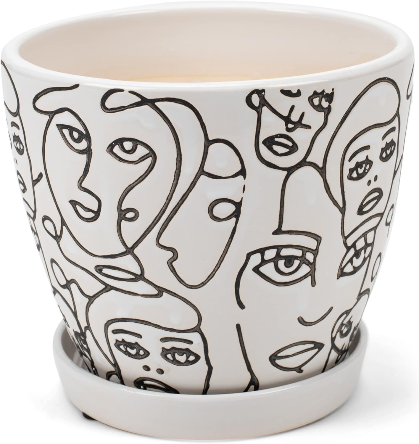 Napco White Black Sketched Faces 6 x 6 Ceramic Table Top Planter Pot with Saucer