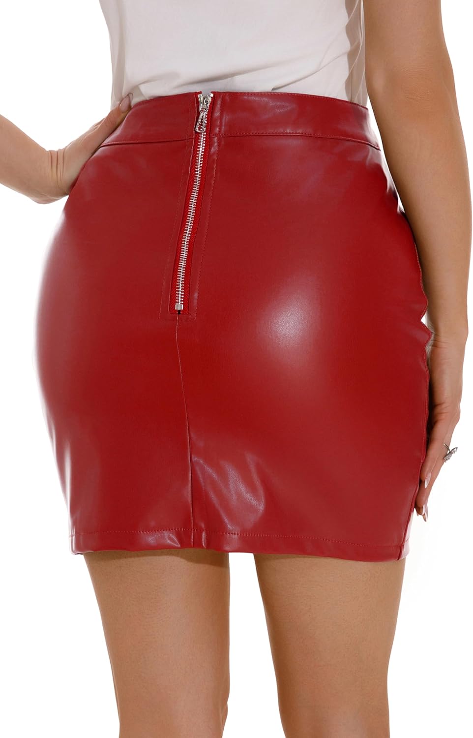 GUANYY レディース ハイウエスト フェイクレザー ミニペンシルスカート - クラシック&amp;スリム, レッド, Large