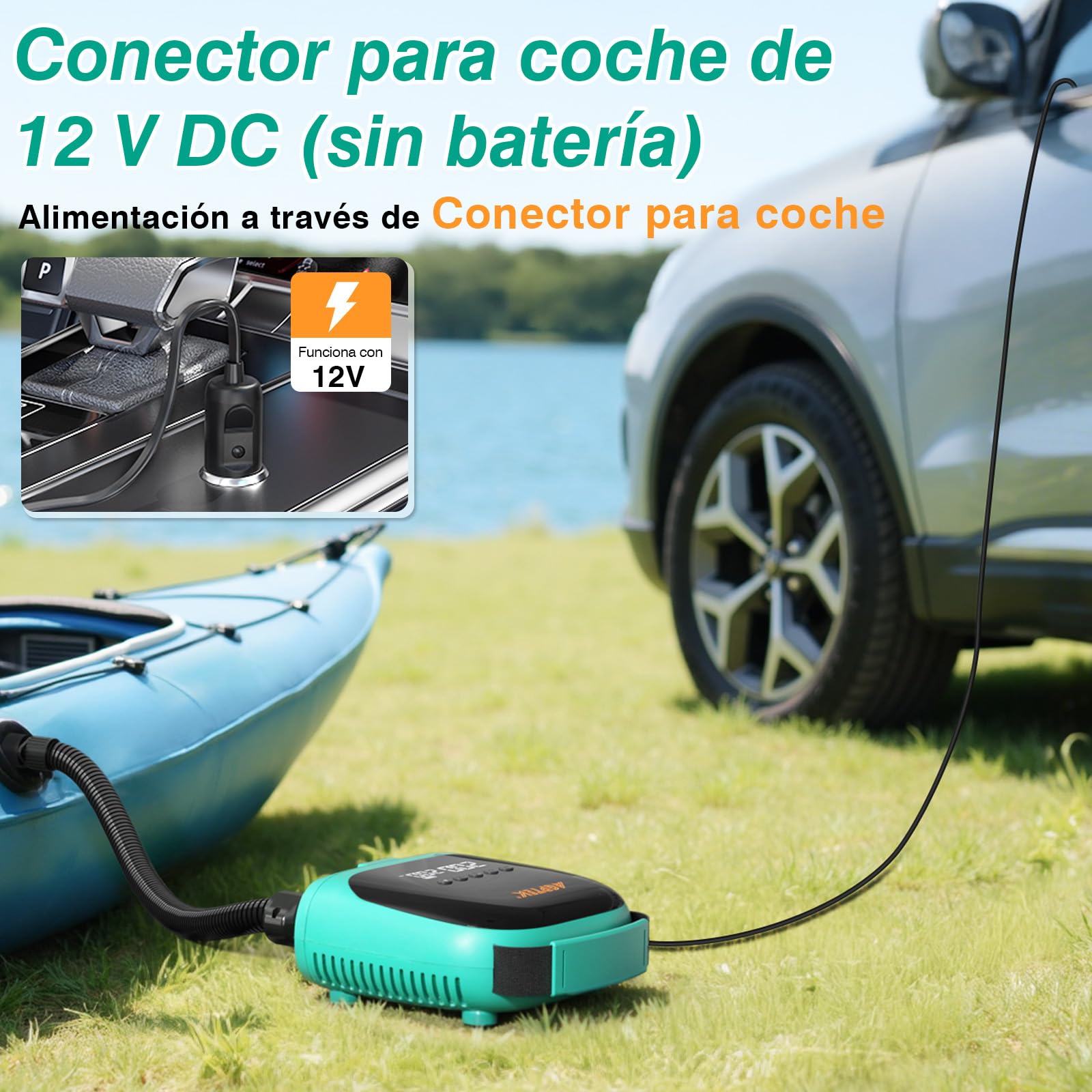 AGPTEK Inflador Paddle Surf Eléctrico Portátil, 20PSI, Autoapagado | 12V Coche, 6 Boquillas, Inflado/Desinflado Rápido, Paddle Surf, SUP, Kayak, Bote Inflable, Hinchable, Apagado Automático