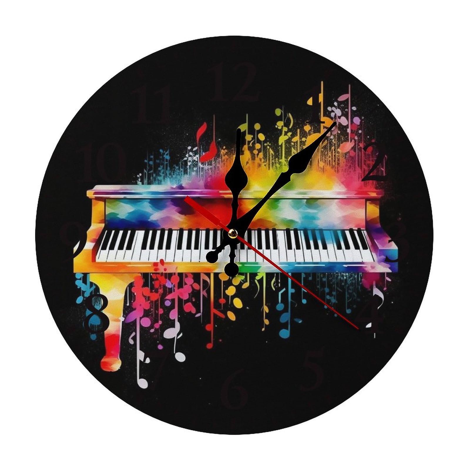 Horloge murale ronde tendance noire avec clavier de piano coloré et chiffres arabes