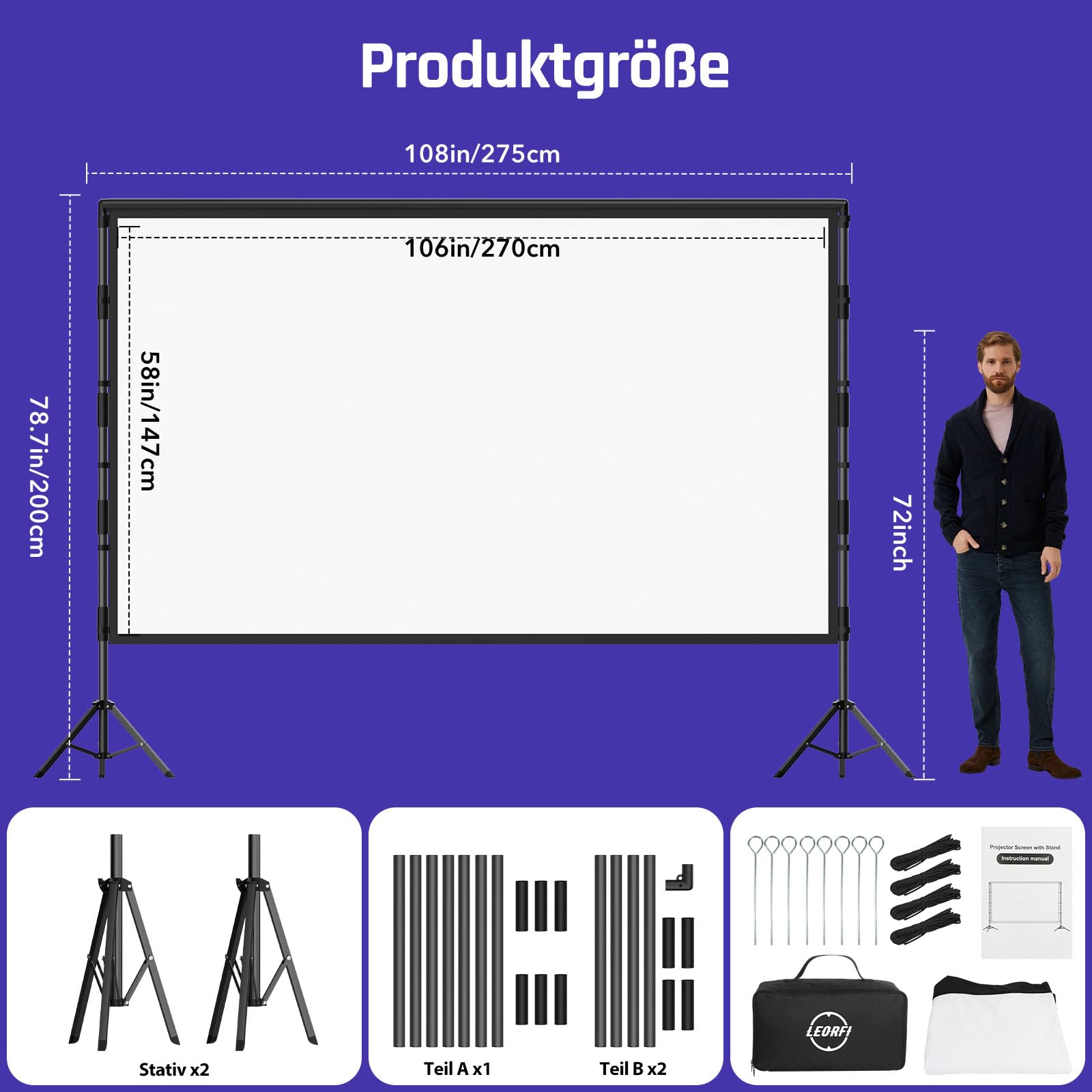 Pantalla de Proyección Portátil 120 Pulgadas con Trípode – LEORFI para Interior y Exterior, Tela de Proyección 4K HD 16:9 Modo Front/Rear, Ligera con Bolsa de Transporte y Accesorios de Fijación