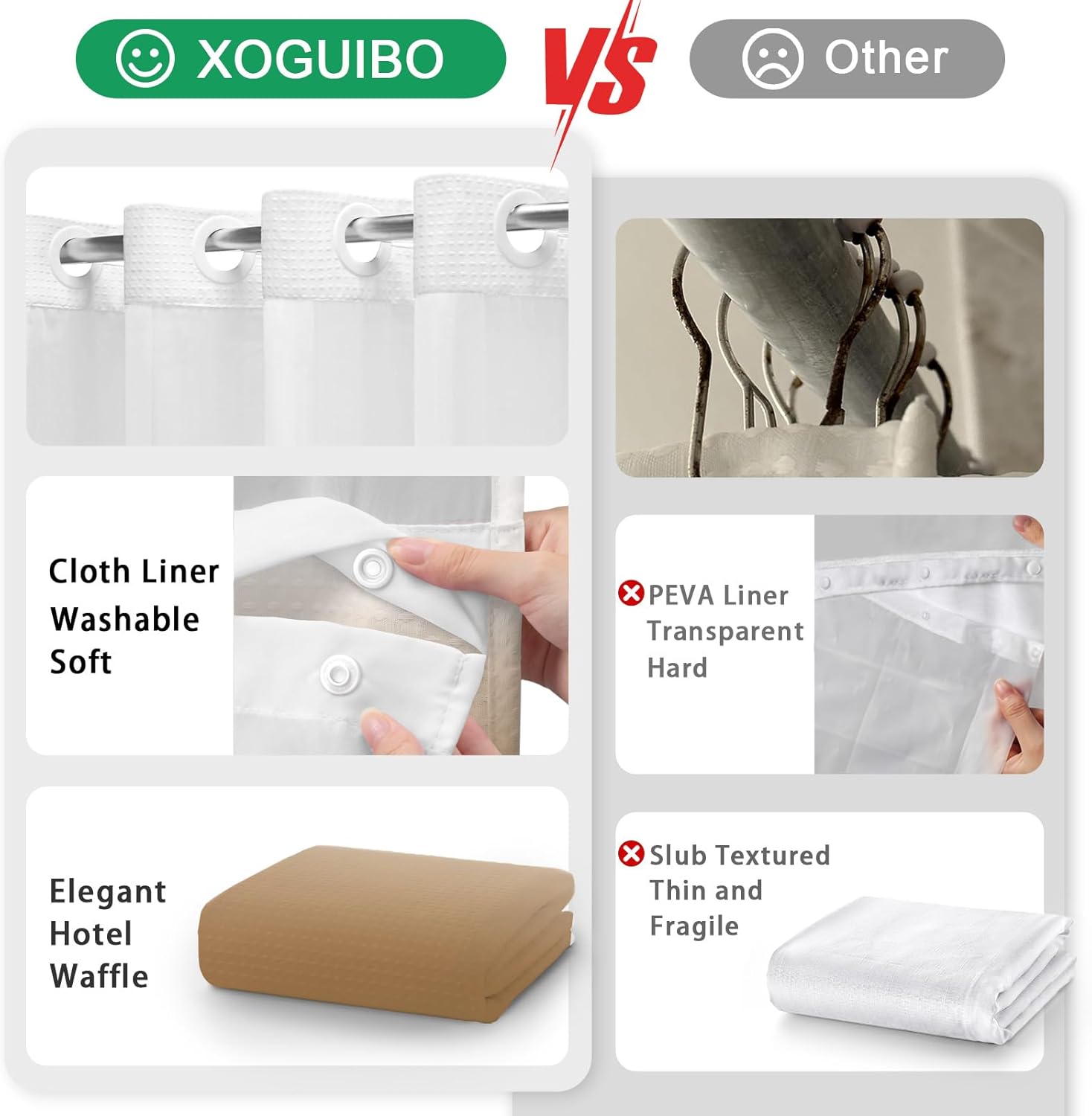 No Hook Shower Curtain and Liner Set,Ombre Beige Hotel Waffle Shower Curtain with Liner 75" L x 72" W