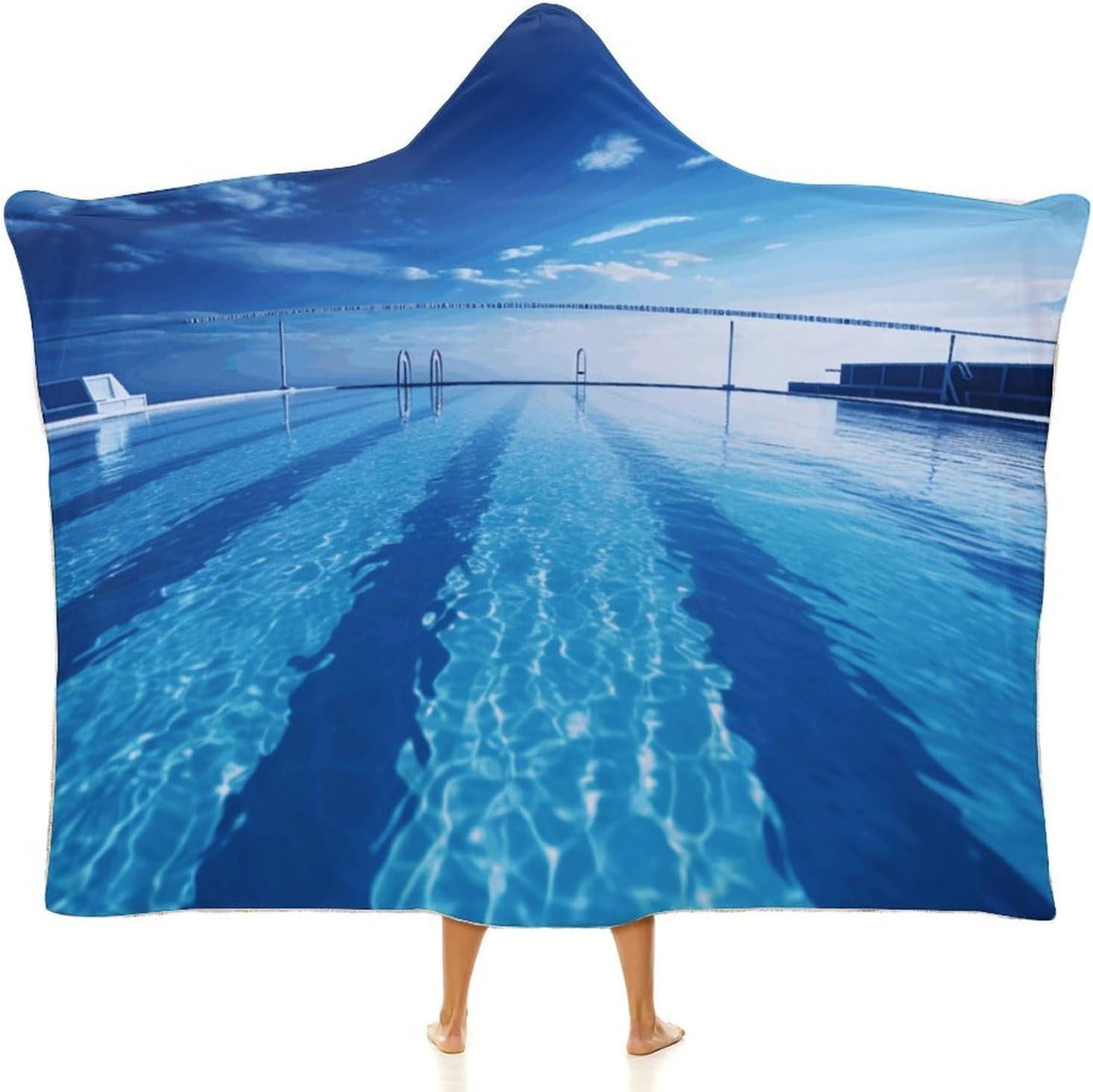 Blue Swimming Pool Wearable Hooded Blanket, Ultra Soft Arctic Velvet Cape Cloak Unisex - Cozy Wearable Blanket