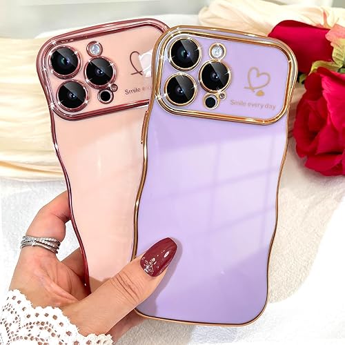 Miniatura 4 de LSL Funda compatible con iPhone 15 Pro Max con protector de cámara, bonita funda de lujo chapada en corazón para mujeres y niñas, marco ondulado