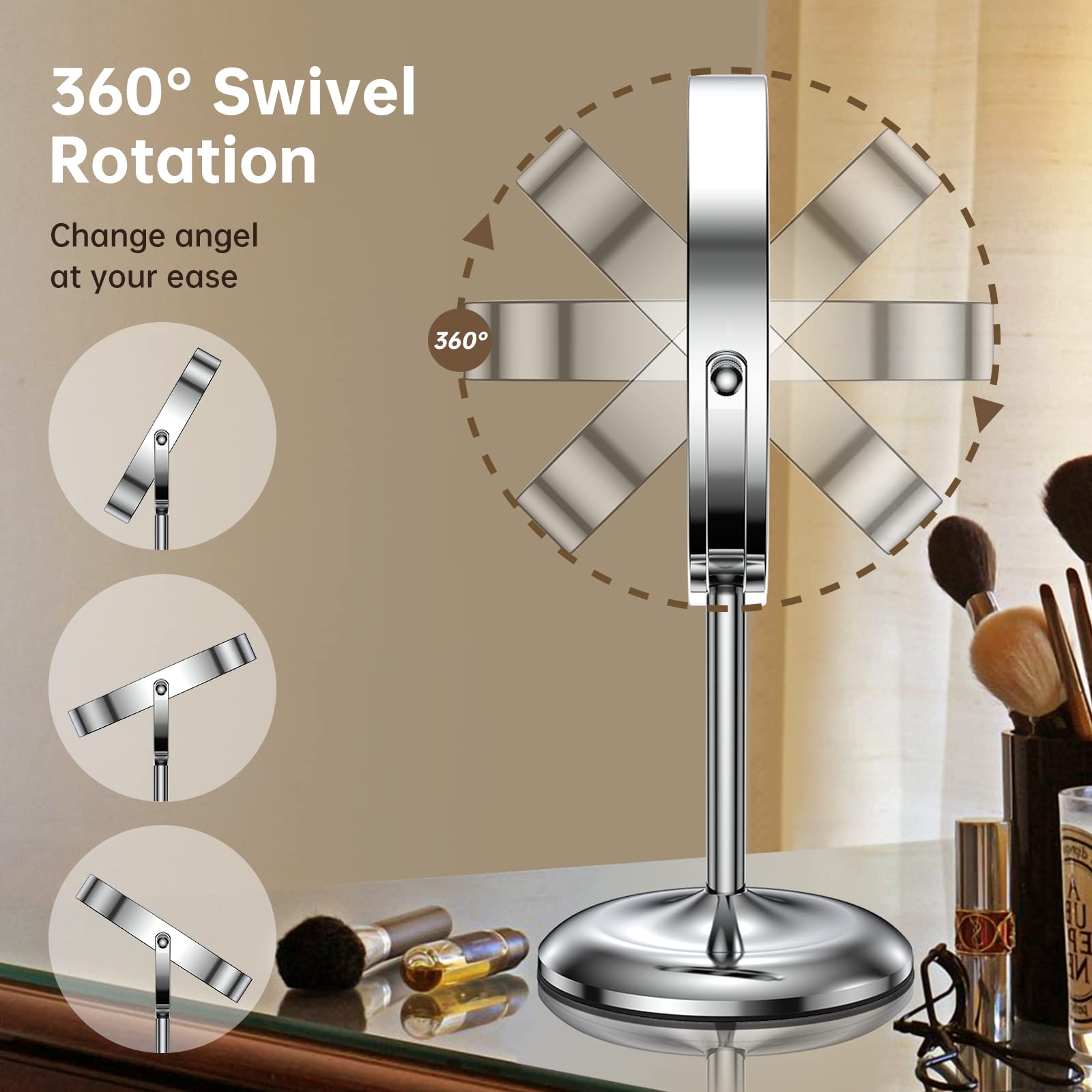 Gospire Miroir de maquillage lumineux de 17,8 cm avec grossissement 10x/1x, lumières LED rechargeables sans fil à intensité variable, pivotant à 360°, miroir de courtoisie cosmétique sur pied pour