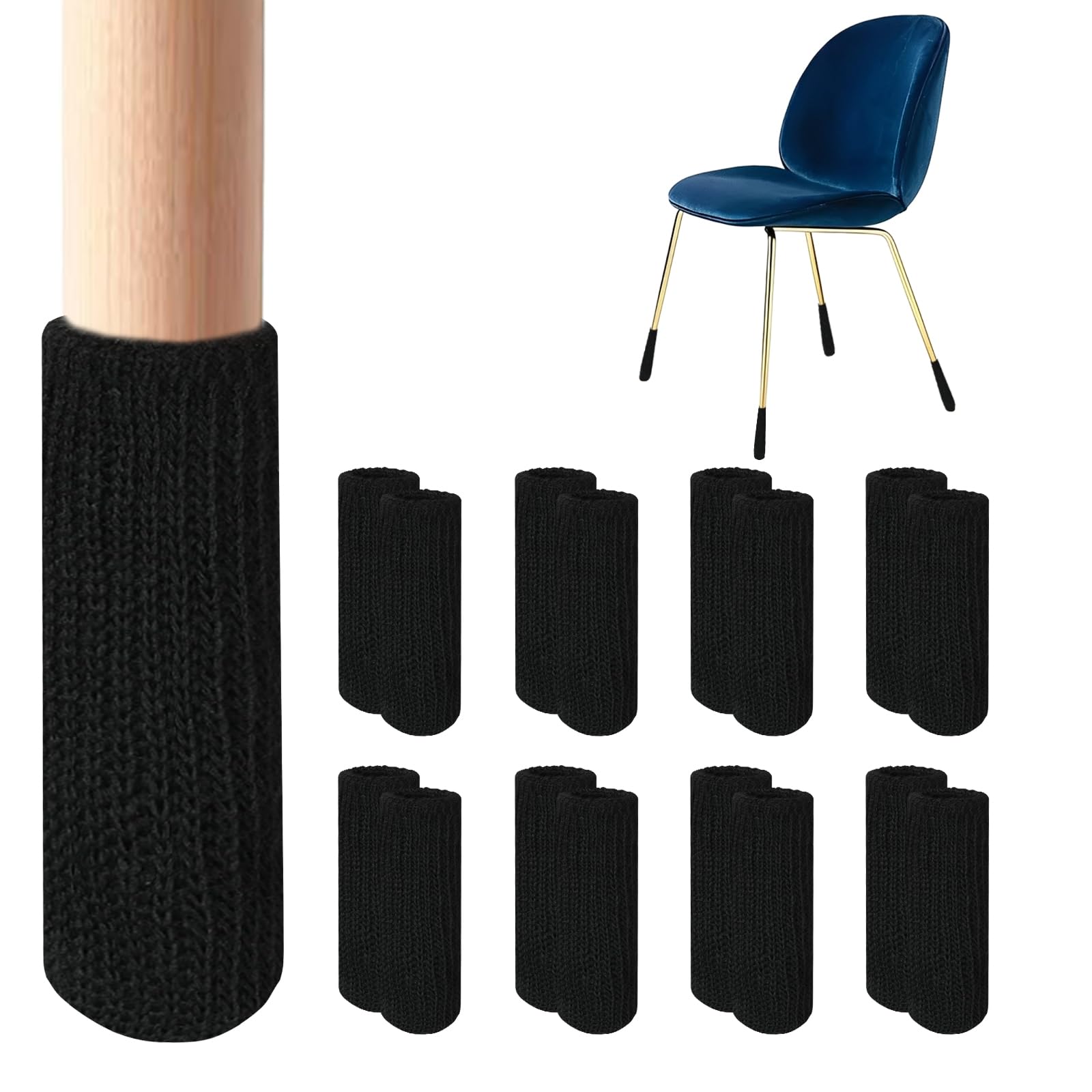 Chaussettes de chaise noires lot de 16 protections tricotées pour pieds ronds et carrés