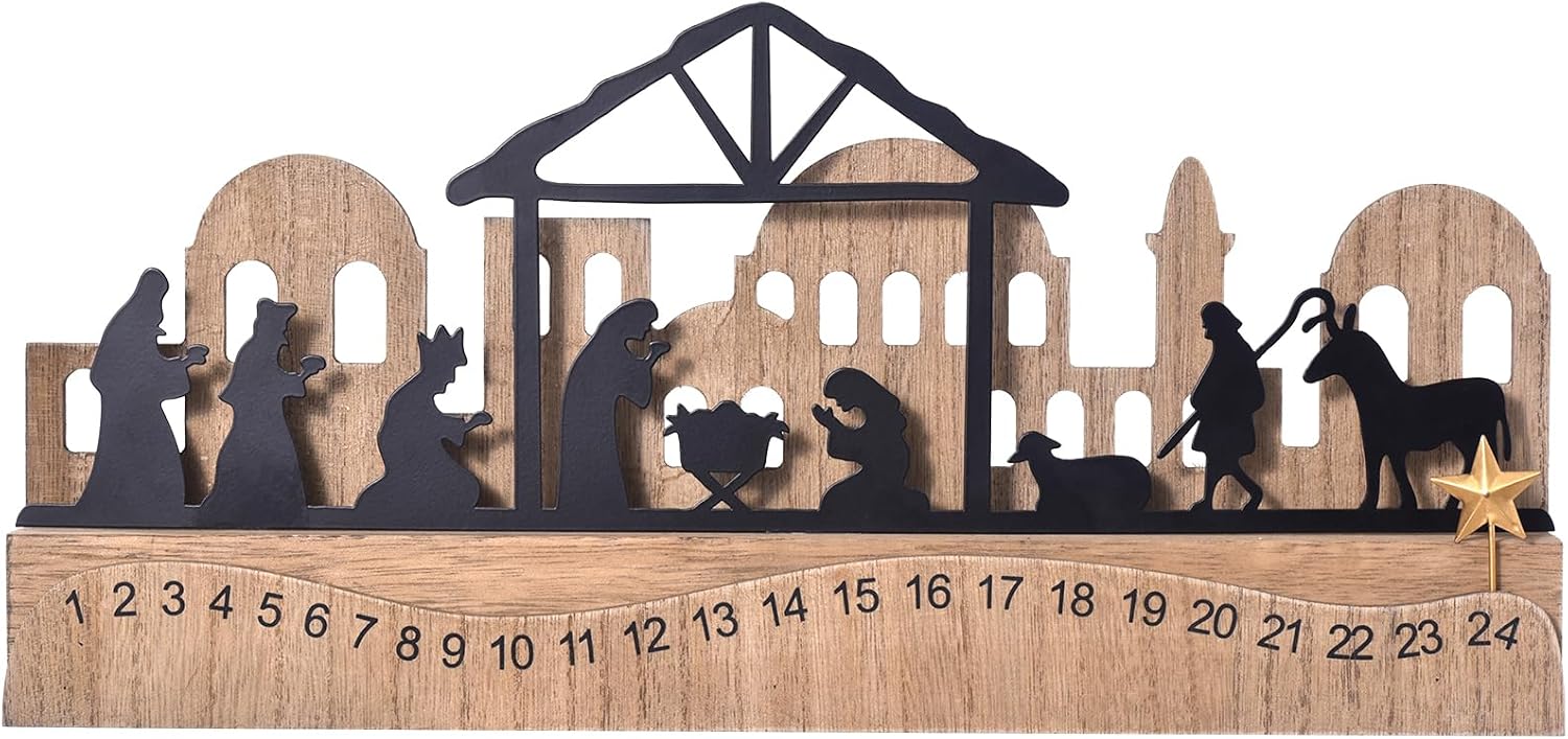 Nativity Sets for Christmas Countdown Calendar, Indoor Rustic Christmas Decor With Wooden Base 3D Design, Xmas Manger Scene for Tabletop Office Shelf Mantel Decoration (Black)