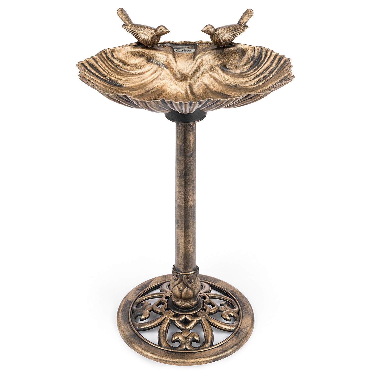 CHRISTOW Plastic Resin Bird Bath for Garden, Clam Shell Pedestal Birdbath, Traditional Style, Rustic Metal Effect, Standing Outdoor Water Bowl Feeder, 80cm x 50cm x 38cm (Bronze) — image 1