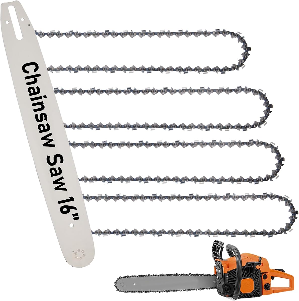 16 Inch Chainsaw Bar & Chain Combo - 3/8" LP Pitch, .050" Gauge, 56 Drive Links Fits Poulan, Ryobi, Echo, Greenworks, EGO& More (4 Chains+ 1 Bar)