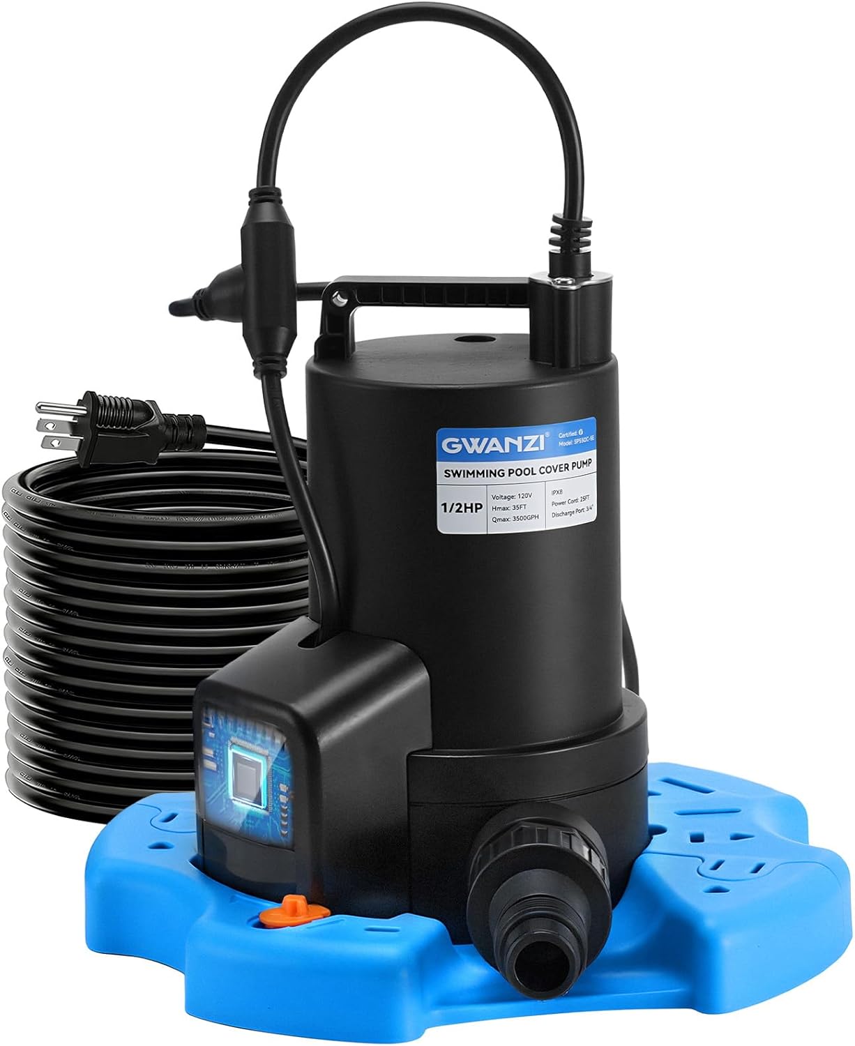 380W Automatic Swimming Pool Cover Pump 3500GPH Submersible Water Pump with 3/4” Check Valve Adapter & 25ft Power Cord 110V Sump Pump for Swimming Pool Hot Tubs Pond Basement Rooftops