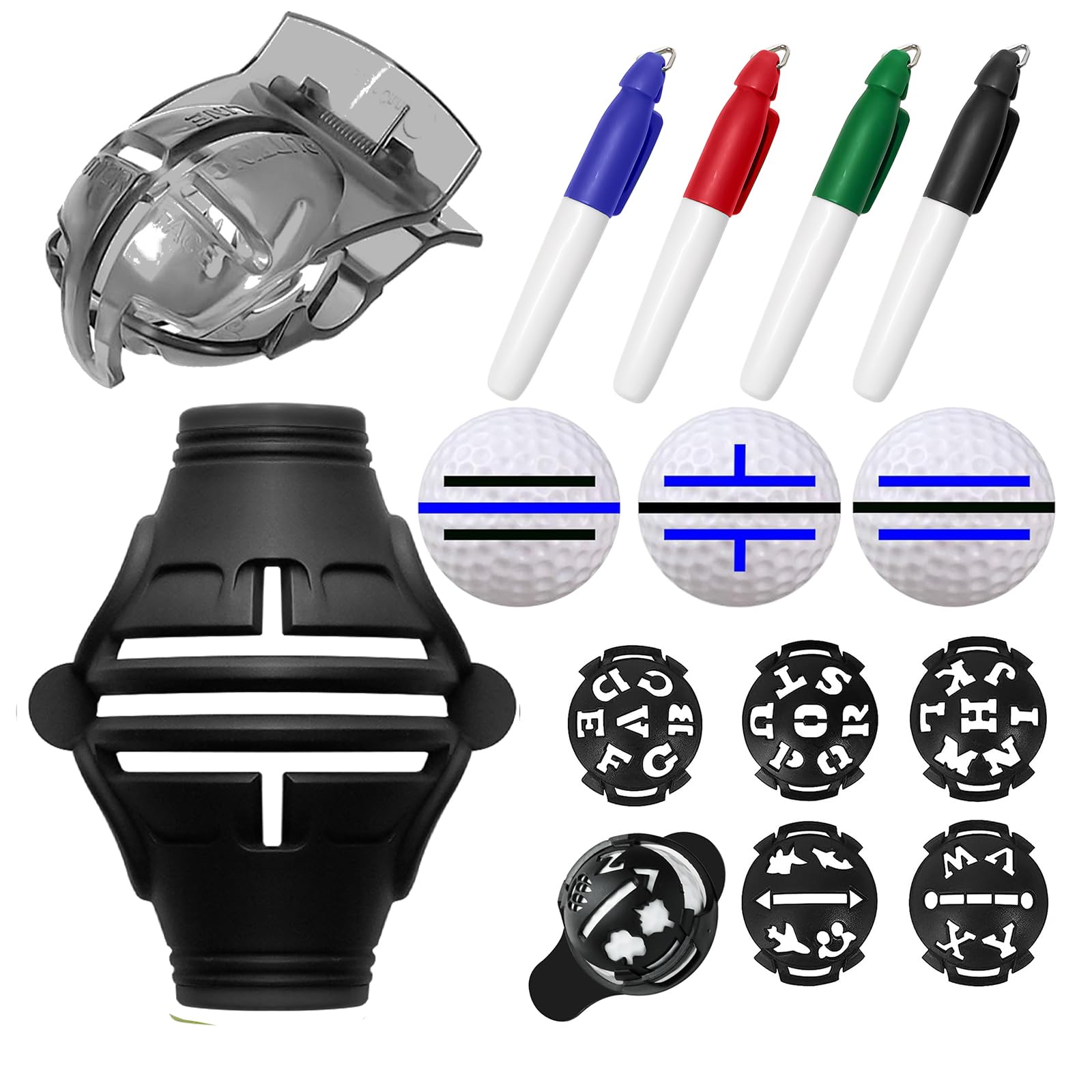 Golf Accessories，7 Pack Golf Ball Marker Golf Ball Line Marker Tool, 1 x 360° Triple-Line Marker Stencil, 1 x Golf Ball Marker Stencil, 6 in 1 x Letter Stencils Kit, 4 Color Golf Ball Markers