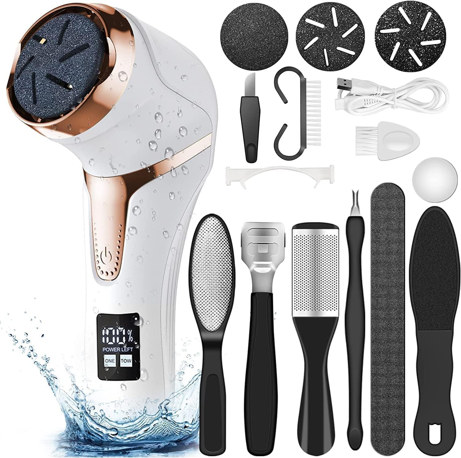 Professional Electric Foot Files, Pedicure Kit, USB Cable, Pedicure Foot File and Callus Remover for Hard Skin, Dead Skin, Cracked Heels and Dry Toes, Rechargeable Electric Hard Skin