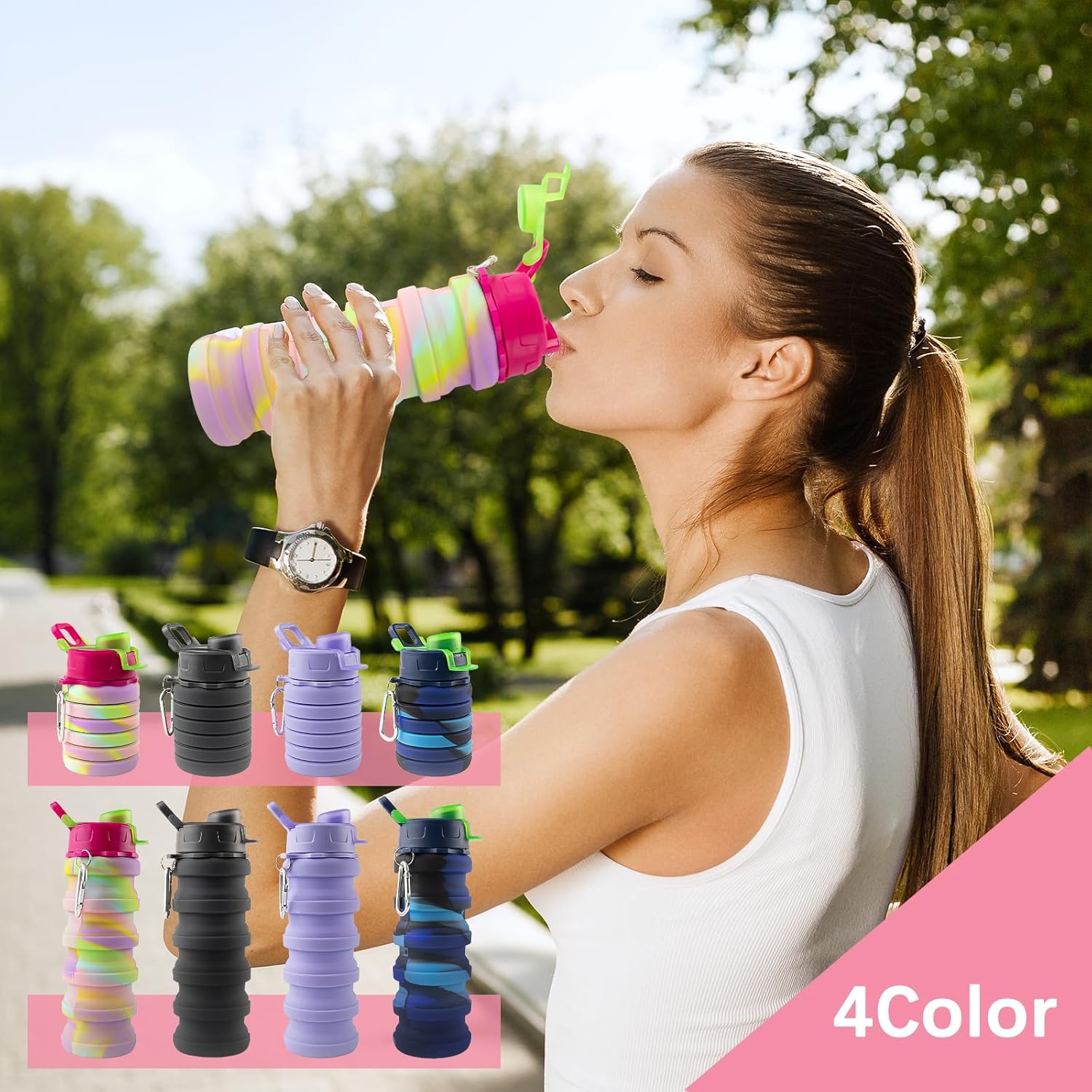 4 Pcs Collapsible Water Bottles 16 oz Portable Foldable Water Bottles Silicone Leak Proof Travel Water Bottle Reusable Sports Water Bottle with Metal Clip for Camping Hiking Travel
