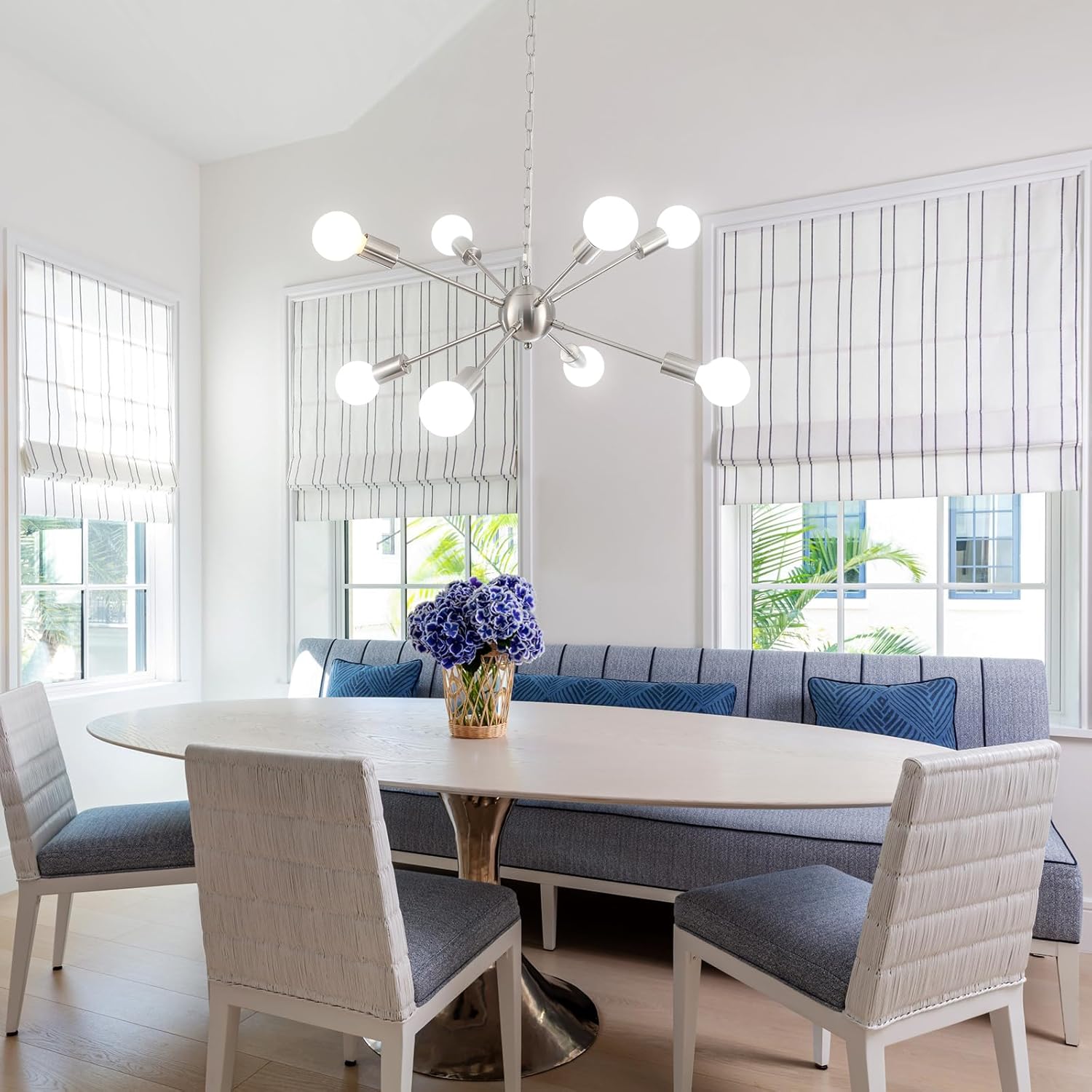 Plug in Chandelier 8 Lights Pendant Light Hanging Lights Fixture Ceiling with Plug in Cord 16.4ft & On/Off Switch Brushed Nickel Sputnik Chandelier for Dining Living Room Kitchen Foyer