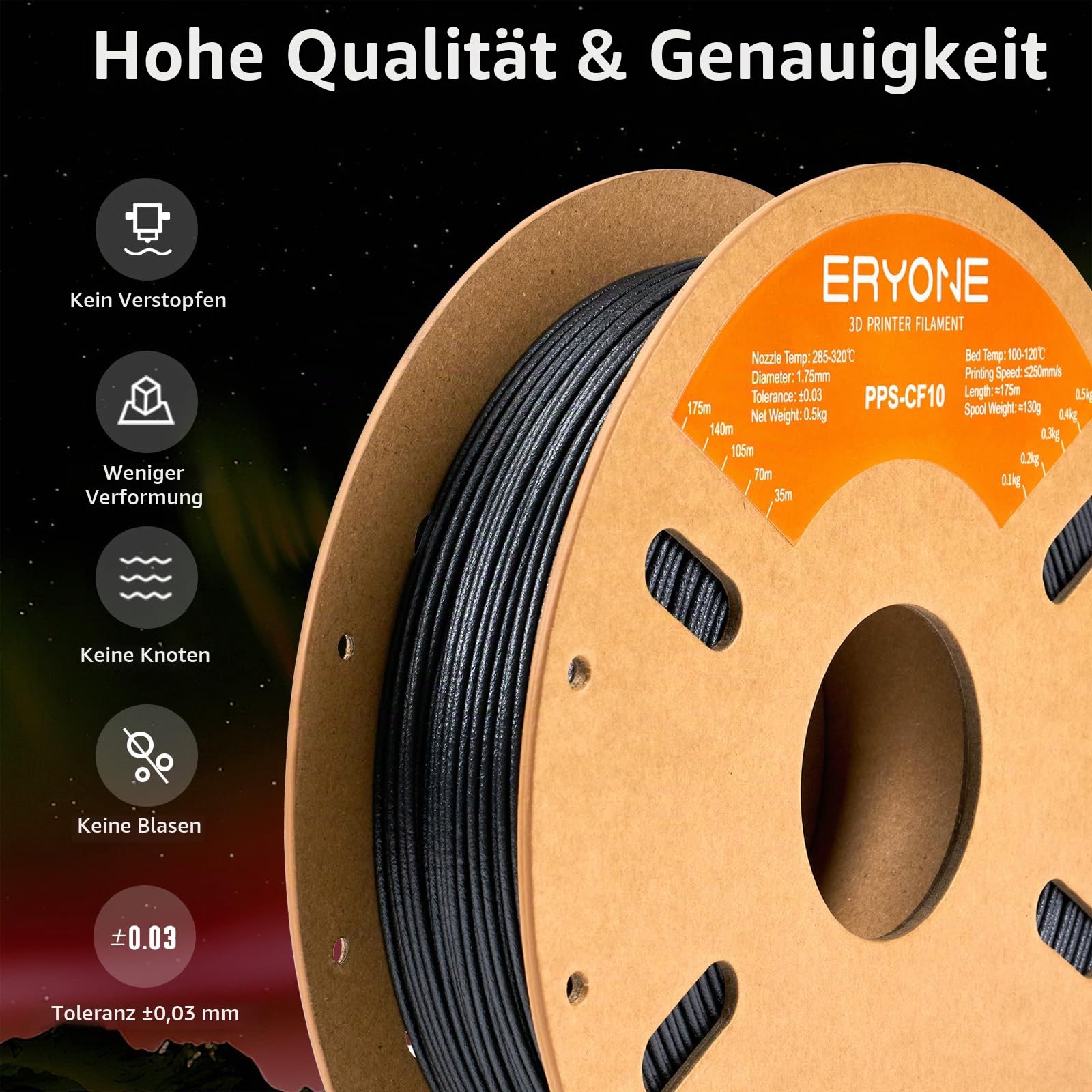 ERYONE Fiberon PPS-CF10 Filament 1.75mm 0.5kg, Extreme Heat Resistance - Fiberon Carbon Fiber Reinforced PPS 3D Printing Filament Ideal for Molding, Black