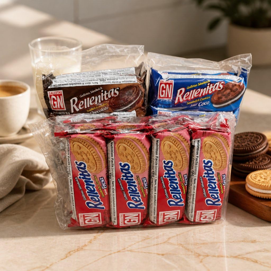 Rellenitas Sandwich Cookies Variety Pack - Chocolate, Coco, and Fresa Flavors, 6-Count Multipacks