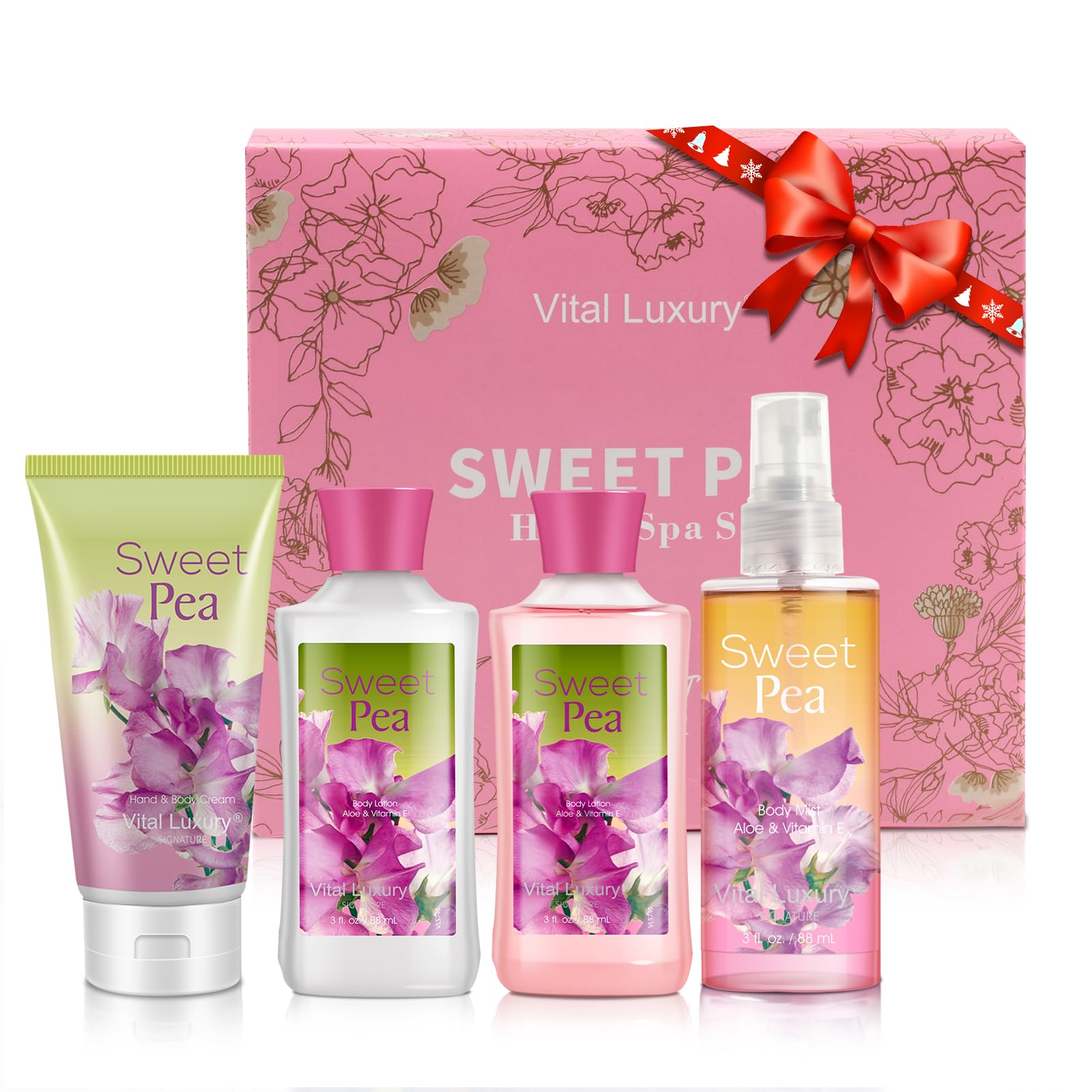 Vital Luxury Sweet Pea Bath & Body Kit, 3 Fl Oz, Ideal Skincare Gift Home Spa Set, Includes Body Lotion, Shower Gel, Body Cream, and Fragrance Mist,