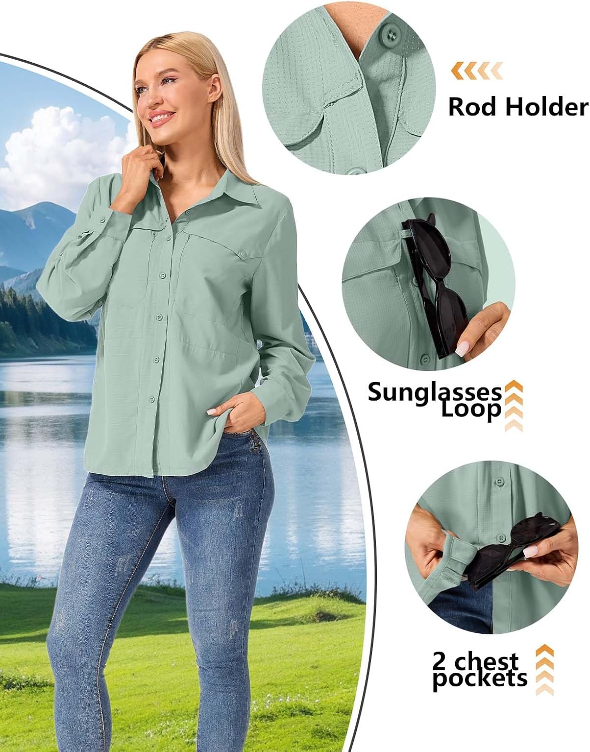 Women's UV Safari Shirt, UPF 50+ Sun Protection Long Sleeve Outdoor Cool Quick Dry Fishing Hiking Travel Shirts
