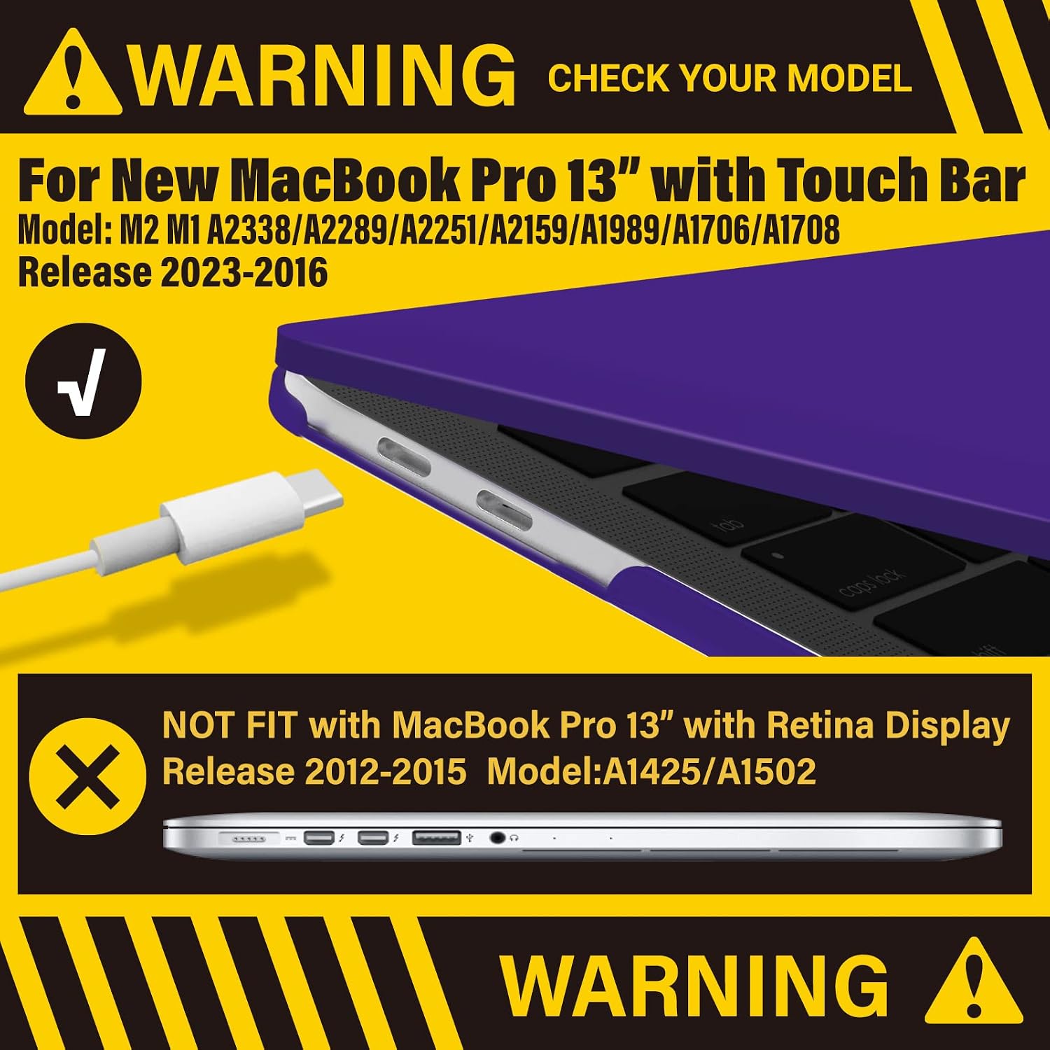 IBENZER Compatible with 2023 2022 M2 MacBook Pro 13 Inch Case 2021-2016 M1 A2338 A2289 A2251 A2159 A1989 A1706 A1708, Hard Shell Case&Keyboard Cover&Type C for Mac Pro 13,Ulatra Purple,T13UAPU+1TC