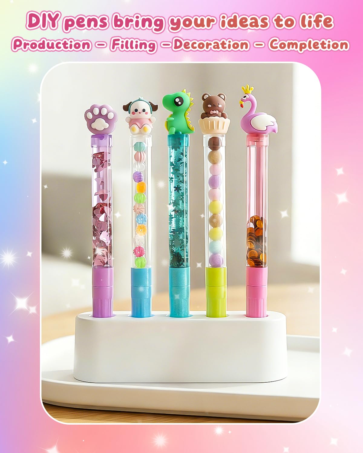 Stifte Selber Machen Set Kinder ab 6 Jahre - Mein Stift Atelier mit 50+ Zubehör für 10 Personalisierte Stifte (Glitzer, Federn, Figuren)， Kreativset als Geschenk zum Kindergeburtstag und Einschulung