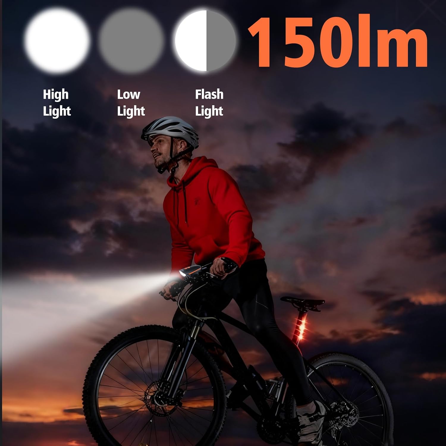 Kunhe Rechargeable Bicycle Front and Rear Lights with Horn 1200mah Battery 120dB Bicycle Bell 150 lumens 3 Light Modes 5 Horn Modes Suitable for Children and Adults Night Riding