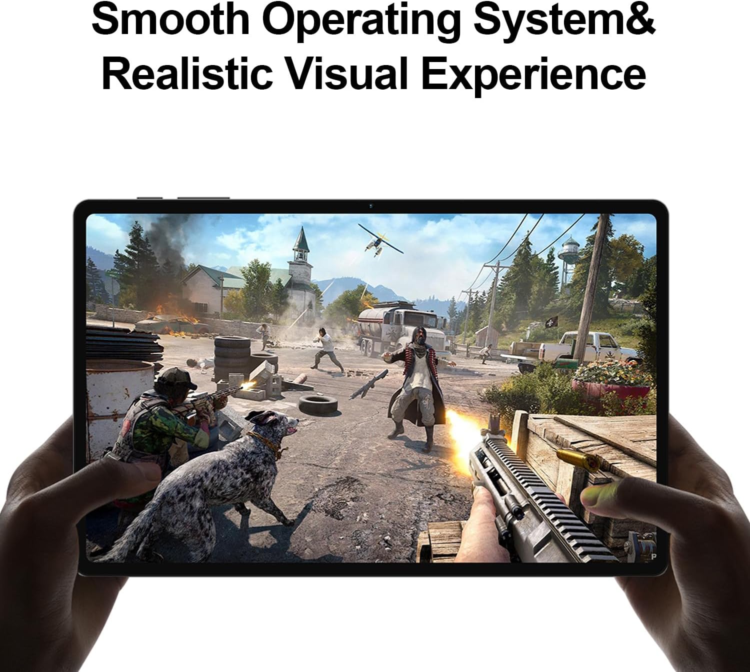 TECLAST T40HD tablet displaying a video game with action scenes.