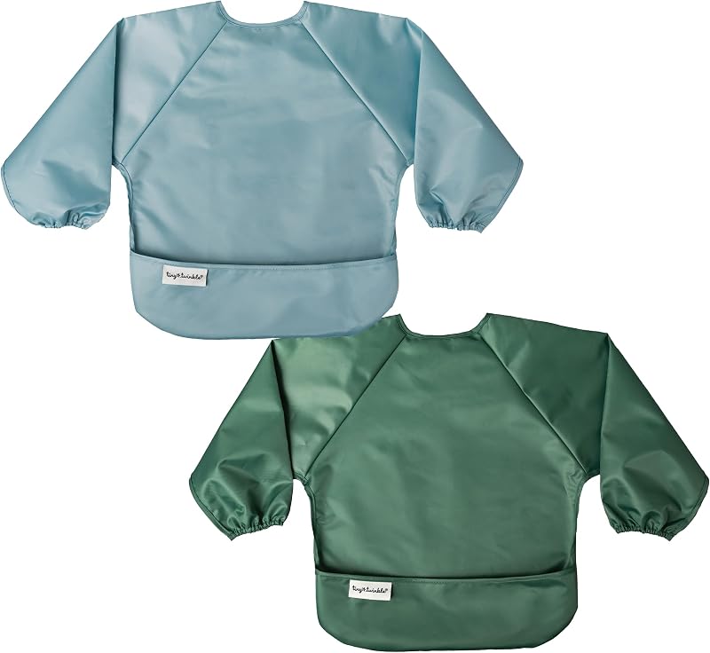 Tiny Twinkle Long Sleeve Bib for Babies & Toddlers | 2-Pack Waterproof Smock Bib for Eating | Machine Washable & Mess-Proof Feeding Essentials | Newborn Shower Gift (Slate Olive,6–24M)