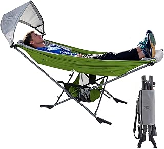 LET'S CAMP Hängematte mit Gestell, Mock ONE® freistehende Garten-Hängeliege mit UPF 50+ Sonnendach, 210T Fallschirmnylon, Stahlrahmen bis 113kg, klappbar & tragbar für Garten/Balkon/Terrasse/Camping