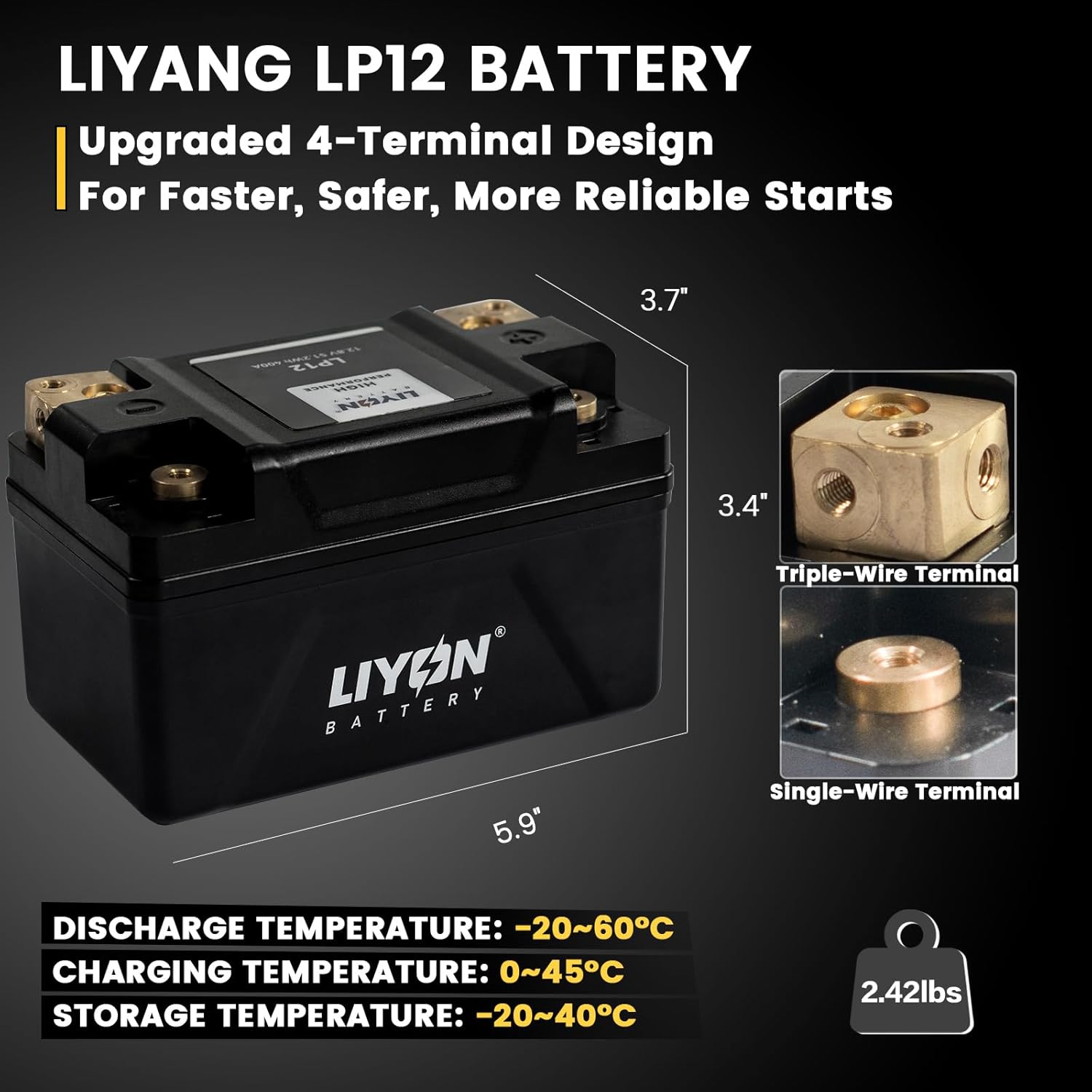 LIYON LP12 Lifepo4 Lithium 12V 4Ah Powersports Starter Battery, Start Power 400A 280 CCA(-25°C) for Motorcycles, Sportbike 125-700cc, ATV 250-600cc, UTV 170-500cc, Dual Sport 300cc - 650cc