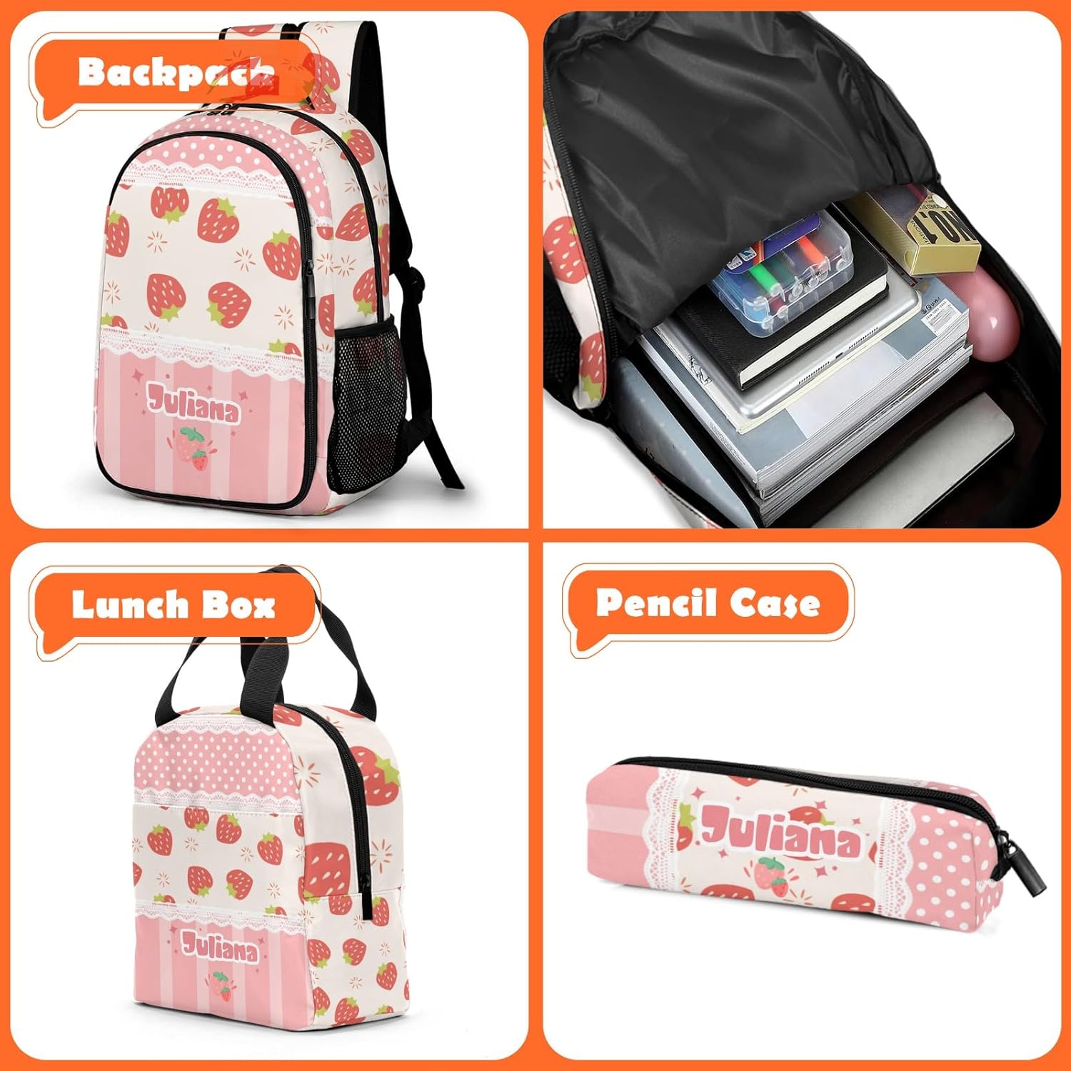 Voltexia Custom Strawberry Backpack with Lunch Box Pencil Case 3Pcs Personalized Backpack with Name Text Customized BookBag School Daypacks for Girls