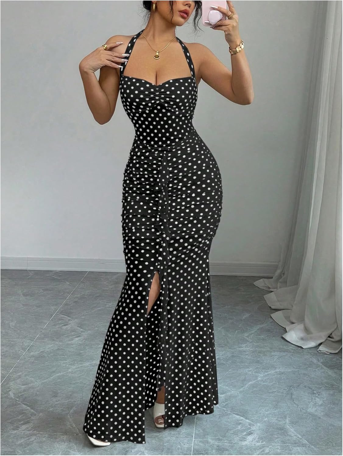 SOLY HUX Women's Polka Dots Mesh Bodycon Maxi Dress Halter Tie Back Split Fishtail Party Prom Dresses - Image 5