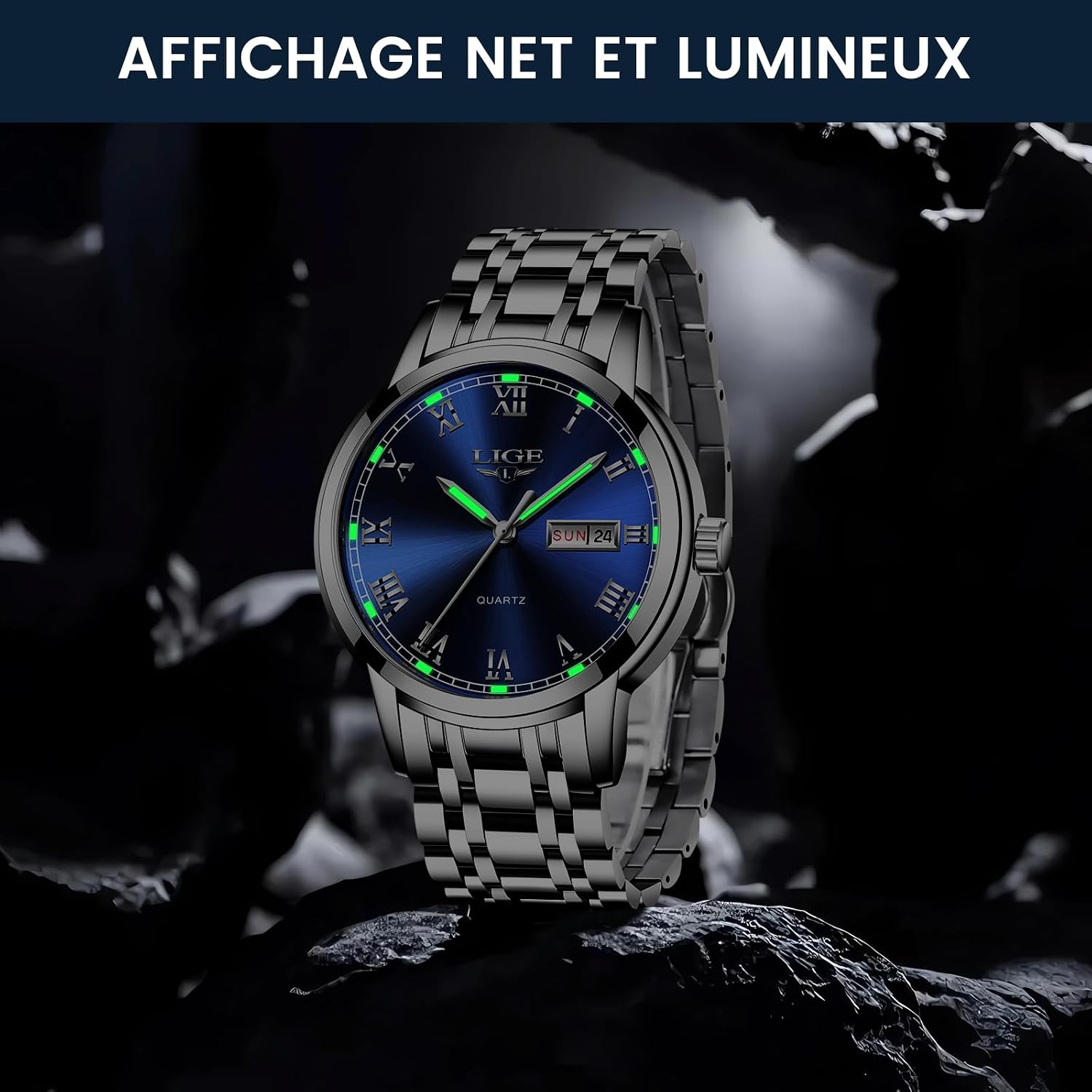LIGE watch dial with luminous hands and hour markers glowing in the dark.