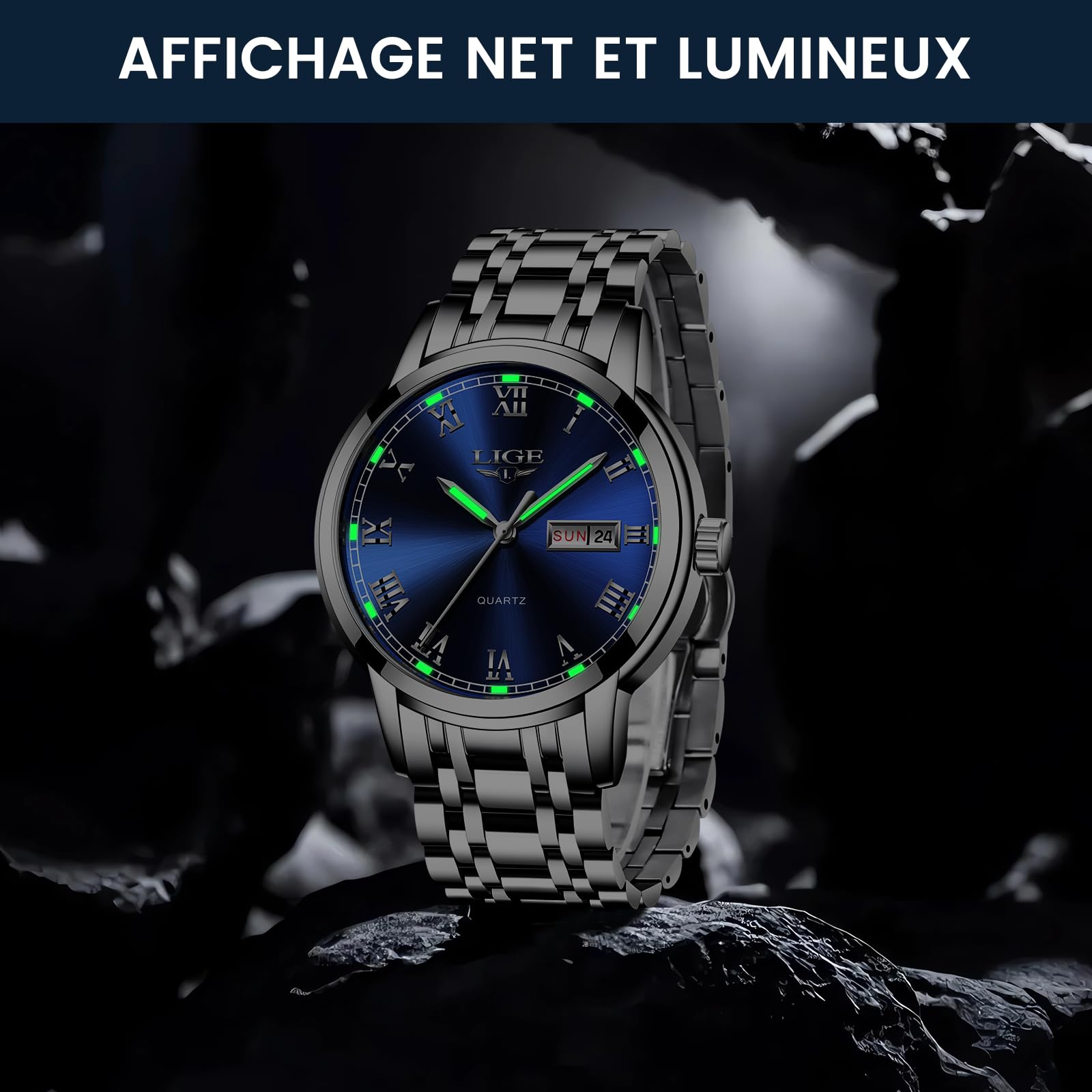 LIGE Montre Homme, Montres Bracelet Analogique à Quartz, Acier Inoxydable Etanche 3ATM, Fonction Calendrier, Aiguilles Lumineuses Affichage, Assortissement Classique Business Décontracté