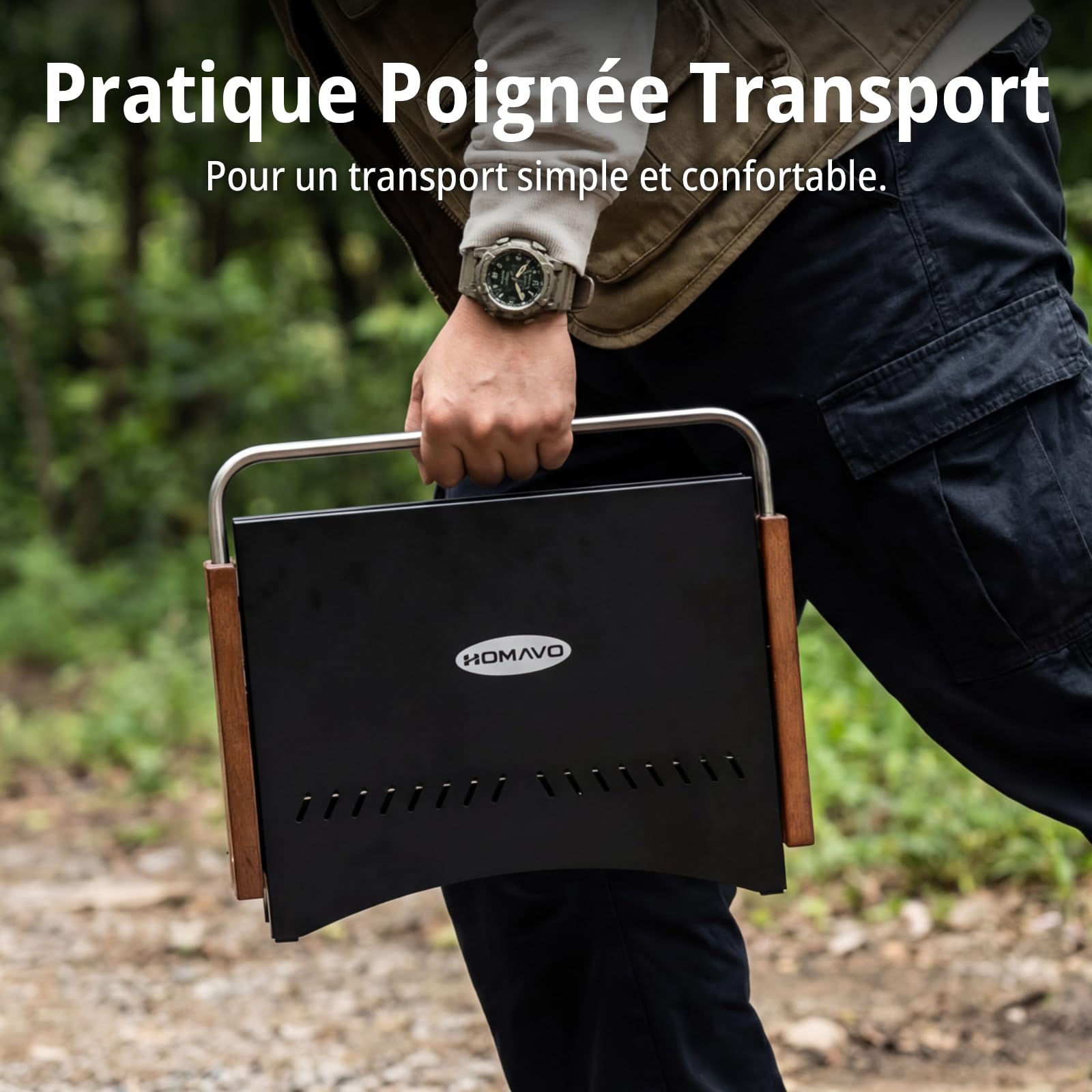 Barbecue charbon portable, grill pliable extérieur 38,15 x 20,95 cm, montage sans outils, grille réglable 2 niveaux, idéal balcon camping jardin