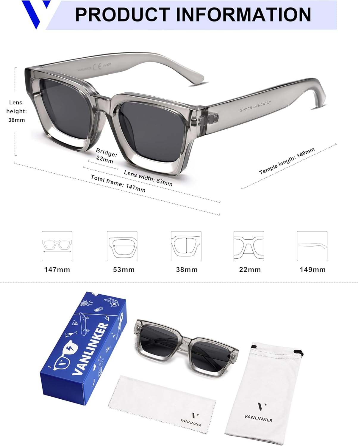 VANLINKER Thick Square Sunglasses for Men Women Retro Chunky Rectangle Shades UV400 Protection VL9731 - Image 5