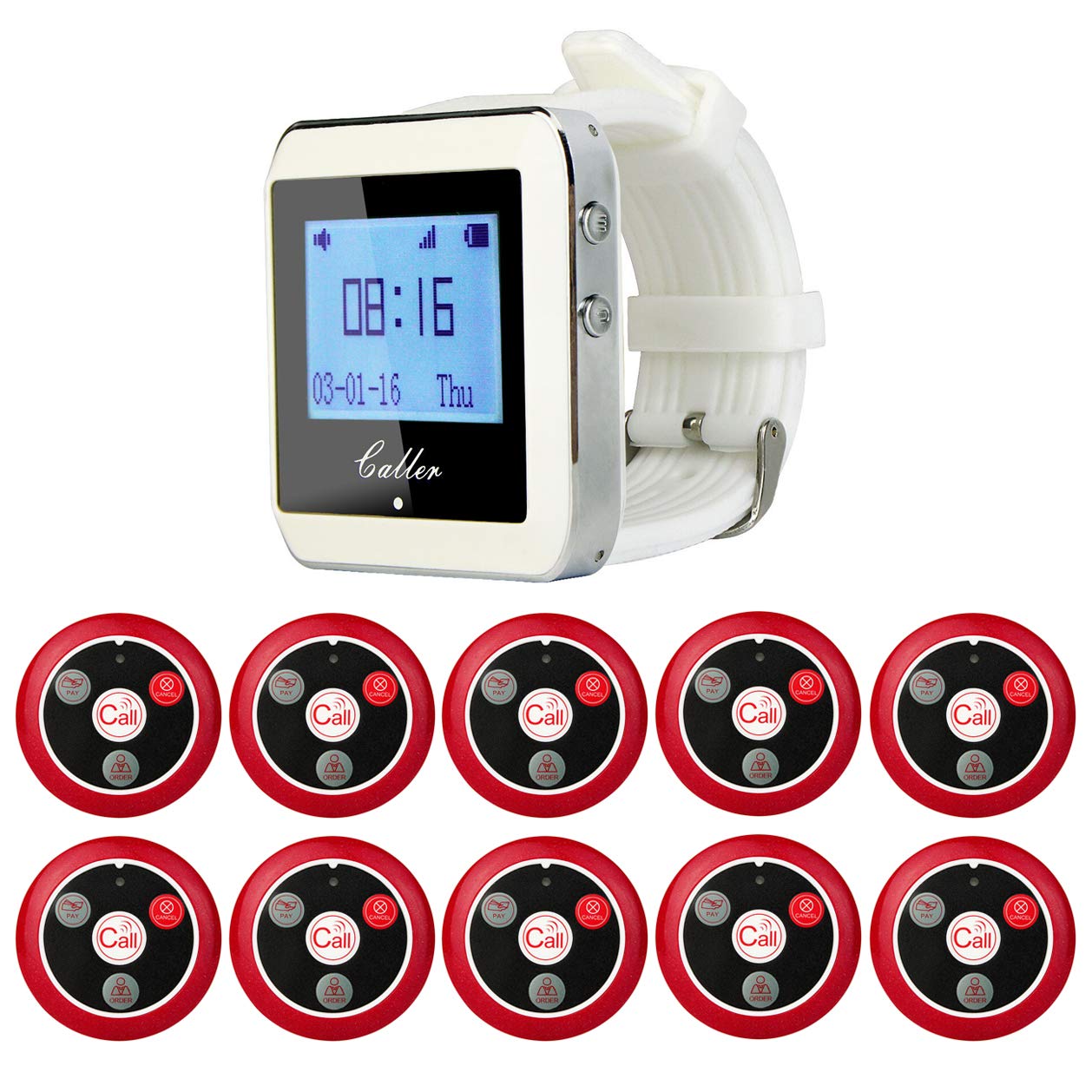 Taidacent Wireless Pager Calling System Restaurant Guest Paging System Wrist Watch Receiver and Call Button Transmitter 433Mhz (1 Wrist Watch Pager +10 Call Buttons)