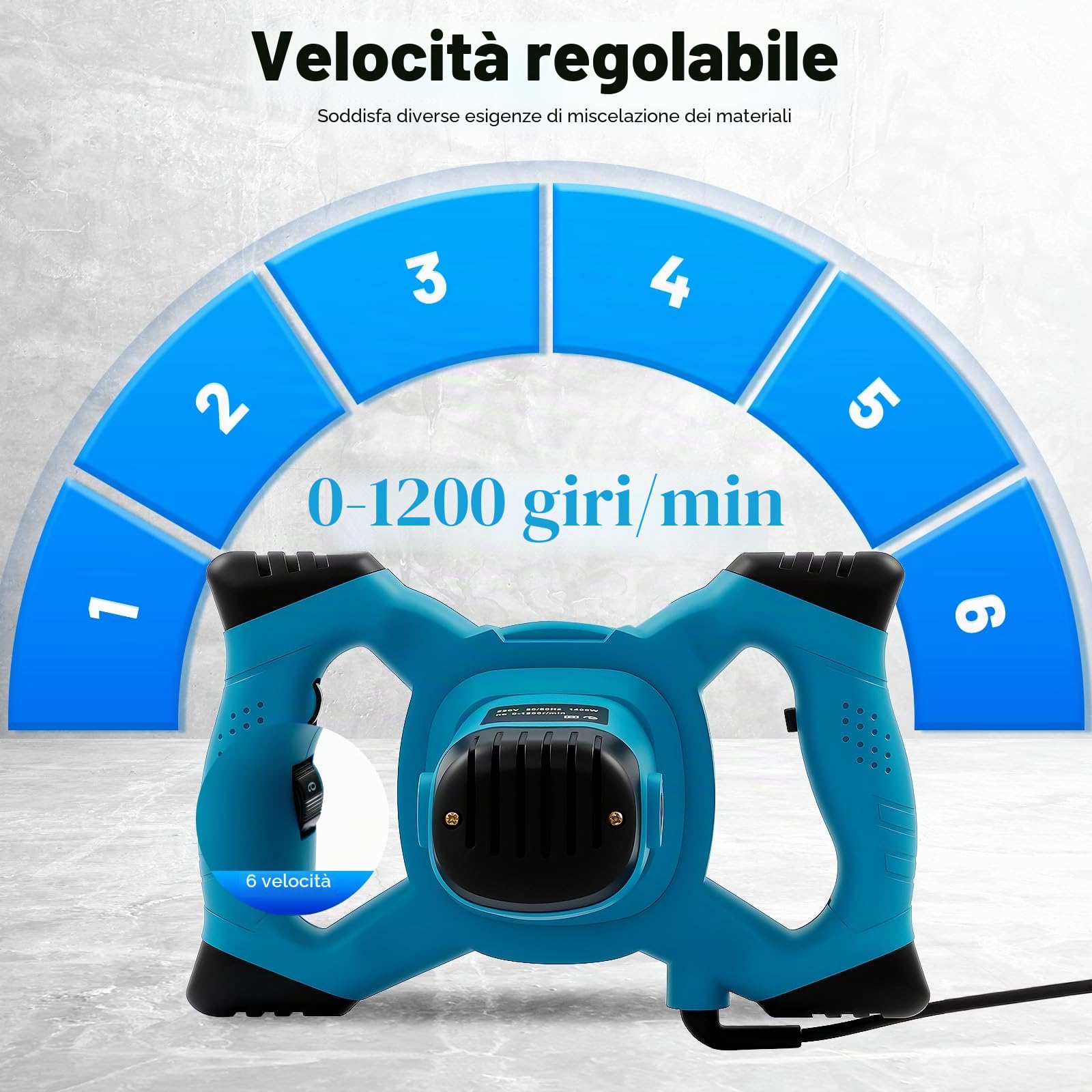 Miscelatore elettrico per malta da 1400 W con regolazione a 6 marce, agitatore manuale da 1200 giri/min con doppia pagaia e impugnatura antiscivolo, miscelatore per malta a secco per vernice, intonaco