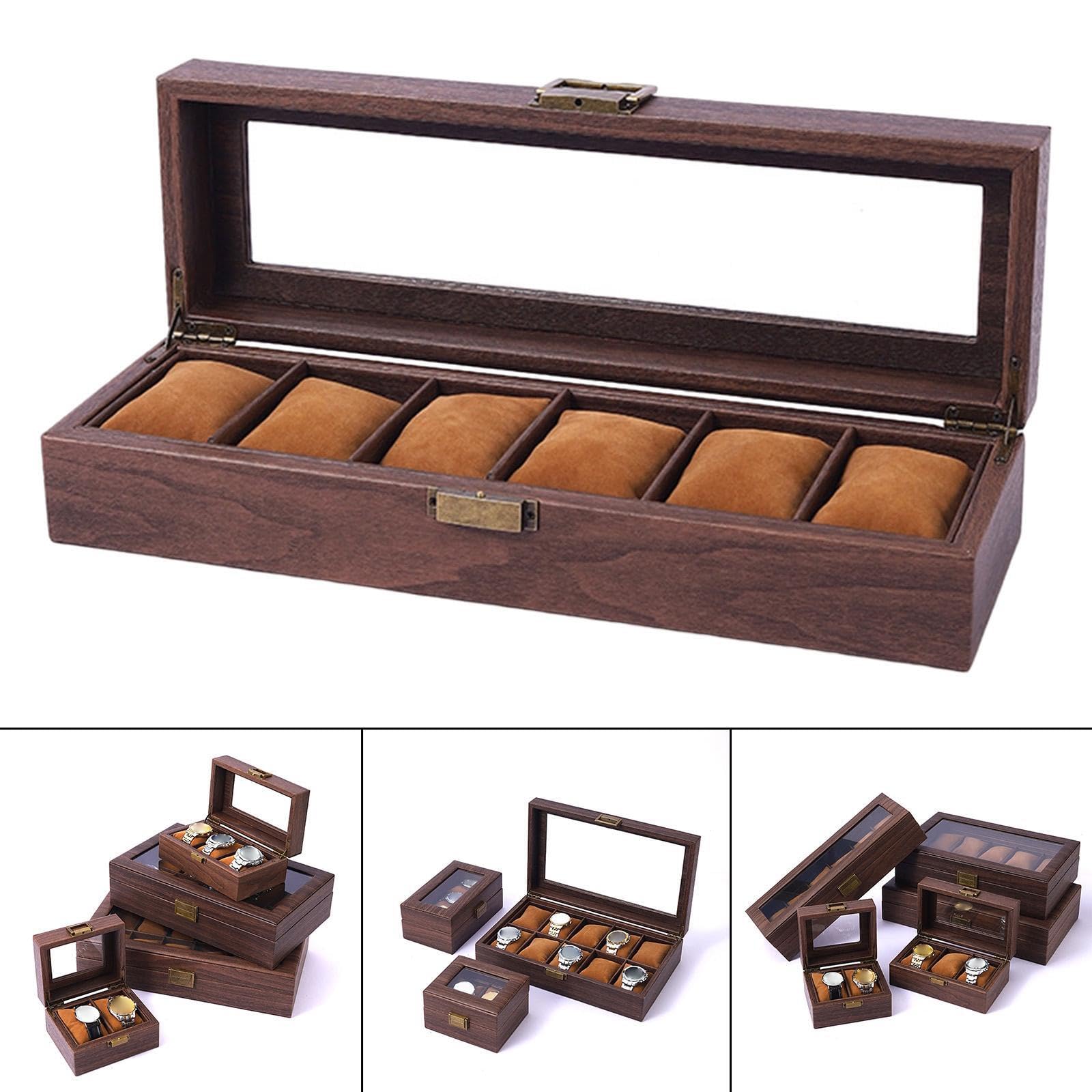 Exquisite Uhrenbox aus Holz mit Glasdeckel, ideal für Reisen und als Reiseetui. Tragbare Uhrenbox aus Holz, abschließbar, für Damen und Herren.