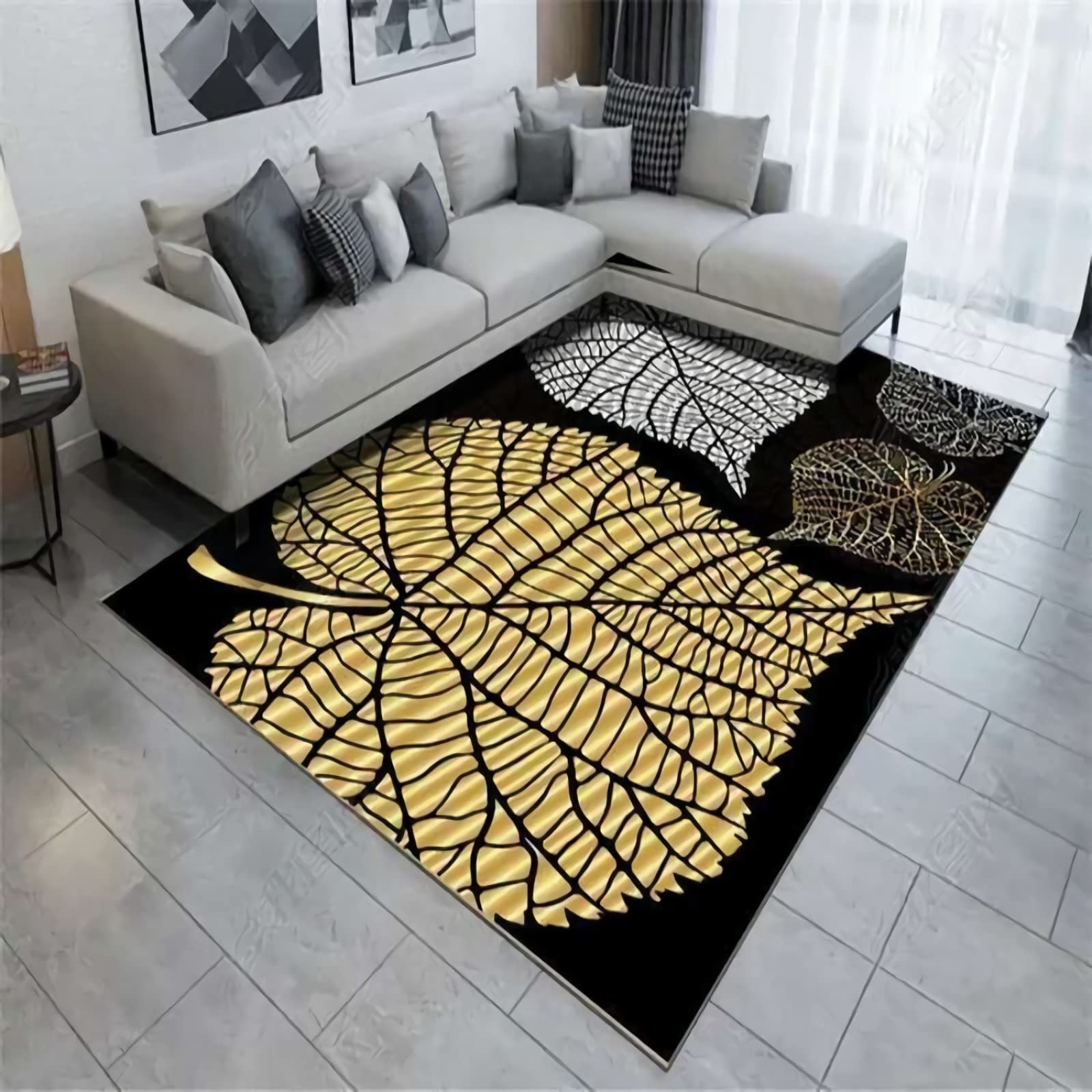 Teppich der Teppich für das Wohnzimmer,Schwarz-Gelb-Grau-Blatt-Muster, Rutschfester, Langlebiger Teppich dielen- & flurmöbel,bettvorleger waschbar 160x230cm