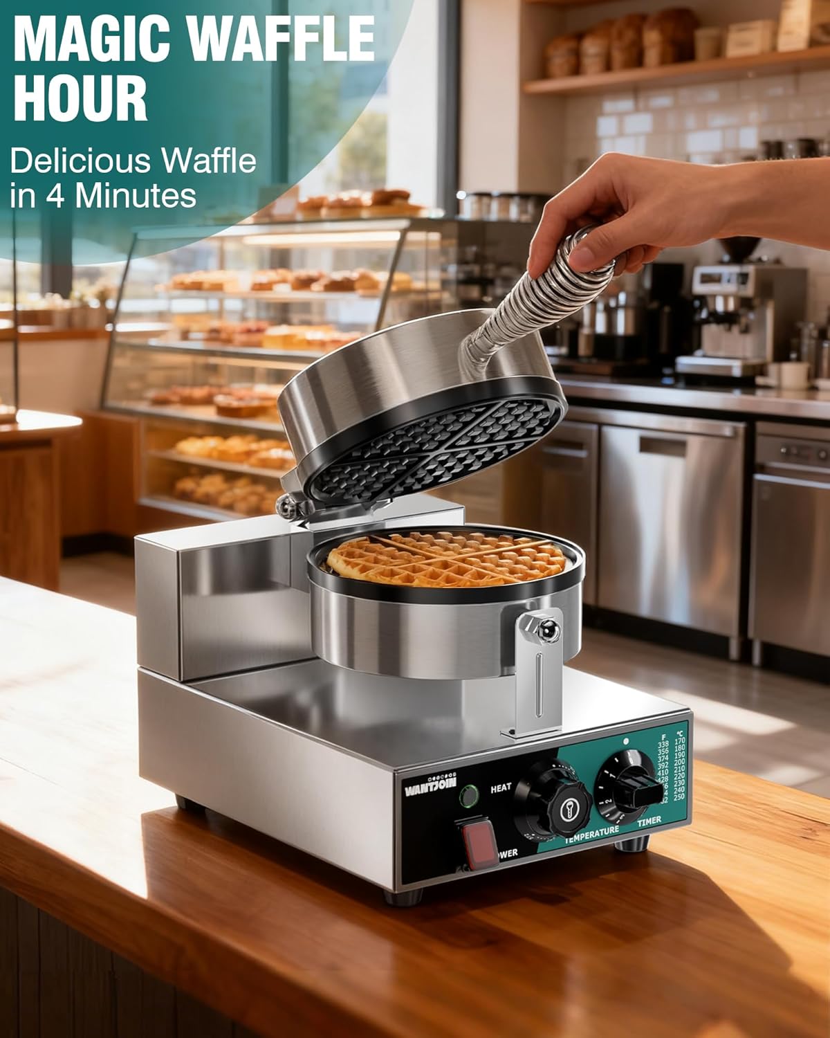 WantJoin Commercial Waffle Maker - 1300W Non-stick Waffle Iron, 20Pcs/H Stainless Steel Round Belgian Waffle Machine, Time Control and Temperature Adjustable, for Home Kitchen, Breakfast Restaurant