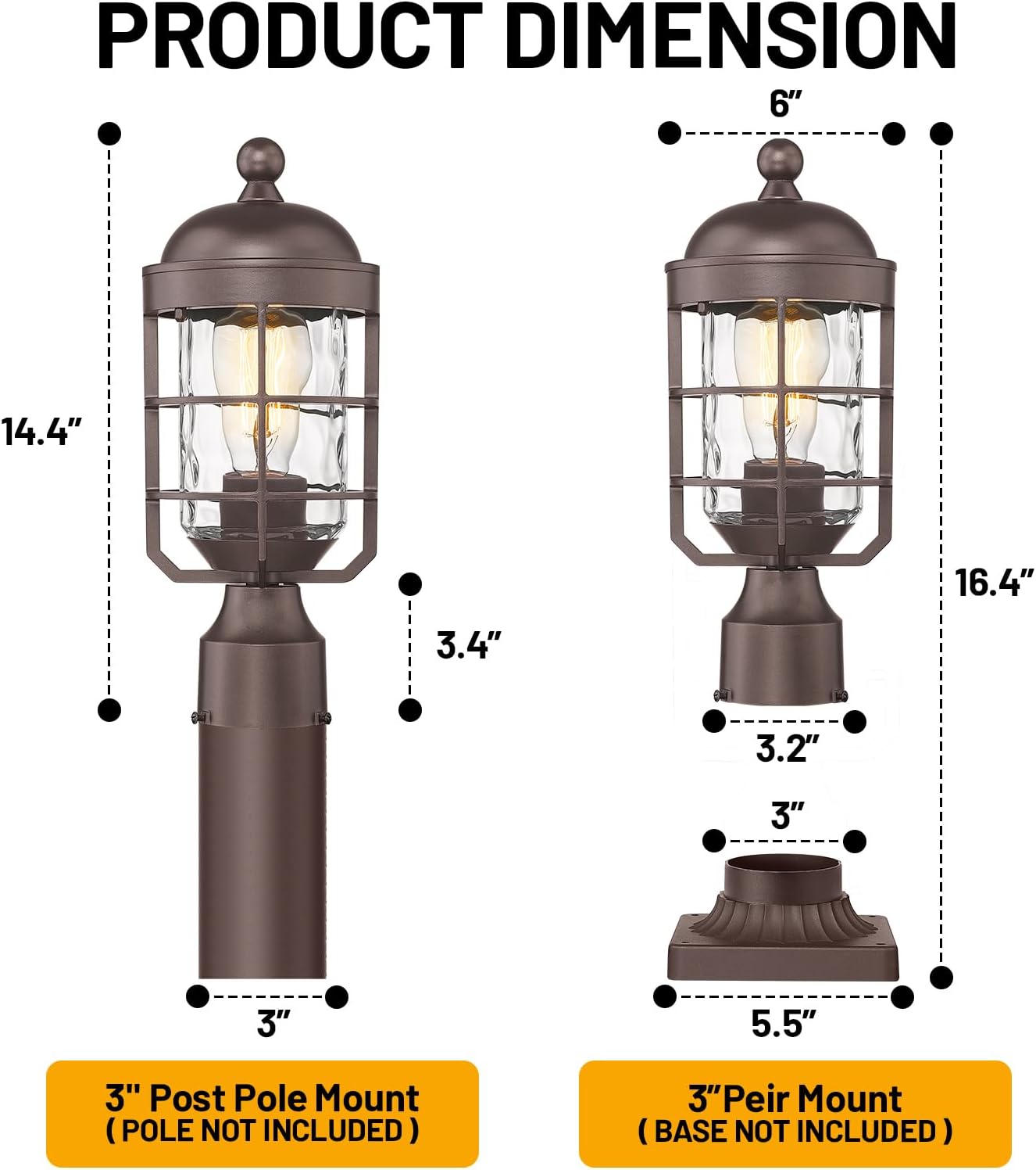 Outdoor Post Lights Lamp Post Light Fixture with Water Ripple Glass Industrial Lantern Cage, Pillar Pole Lights Outdoor Light Posts for Outside Yard Garden